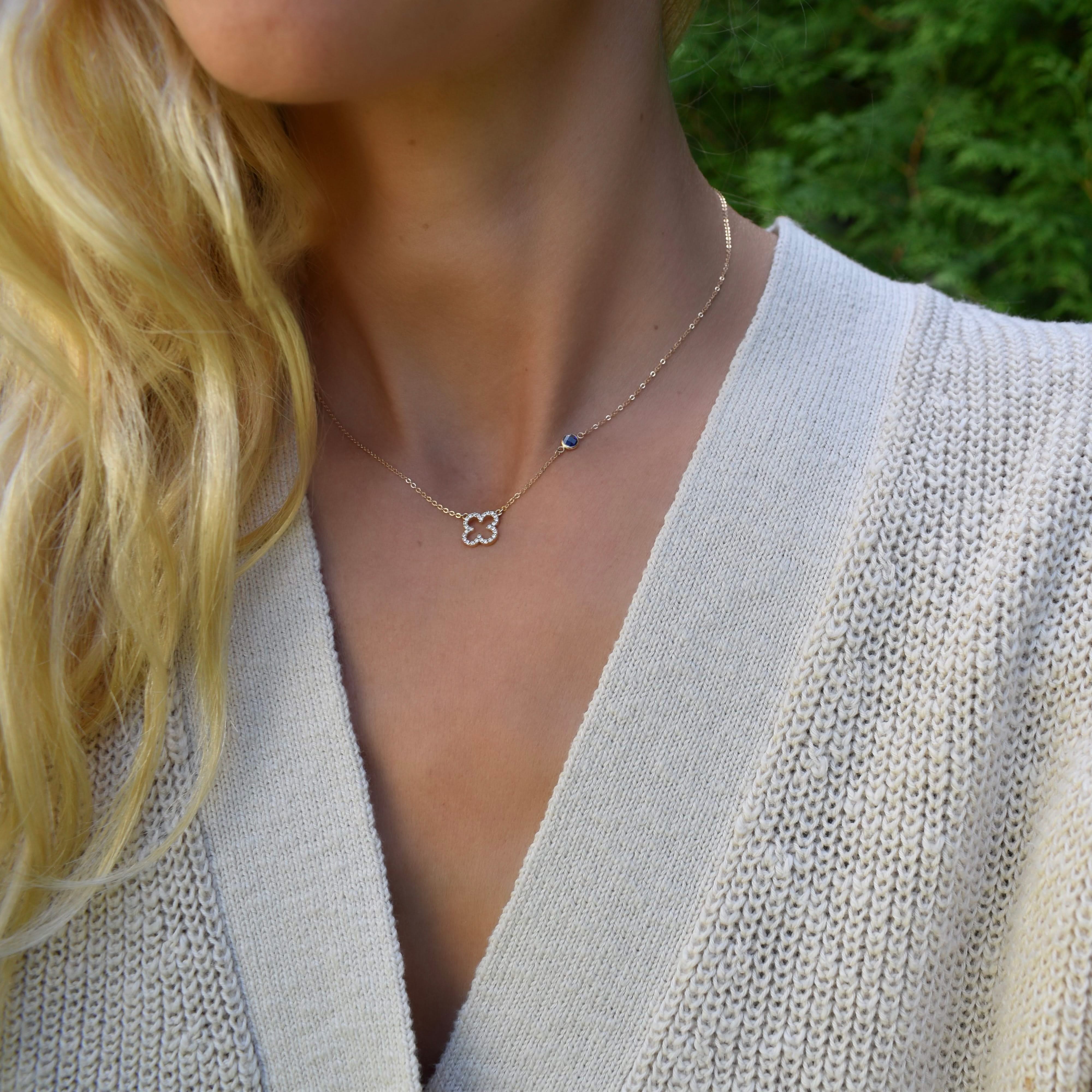 Diamond Clover & Sapphire Necklace in 14k Gold (September) - Image 2