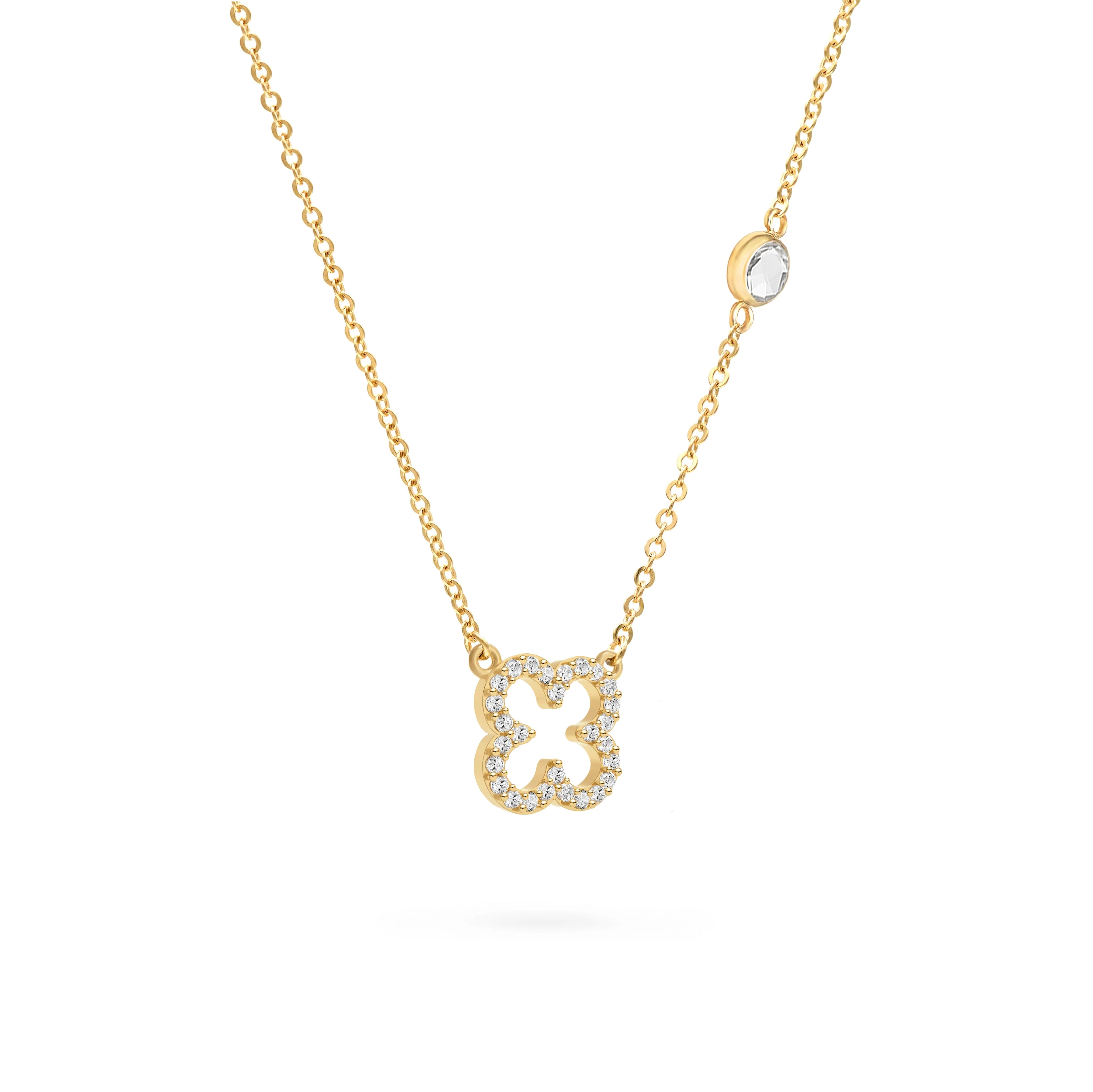 Diamond Clover & White Topaz Necklace in 14k Gold (April) - Image 4