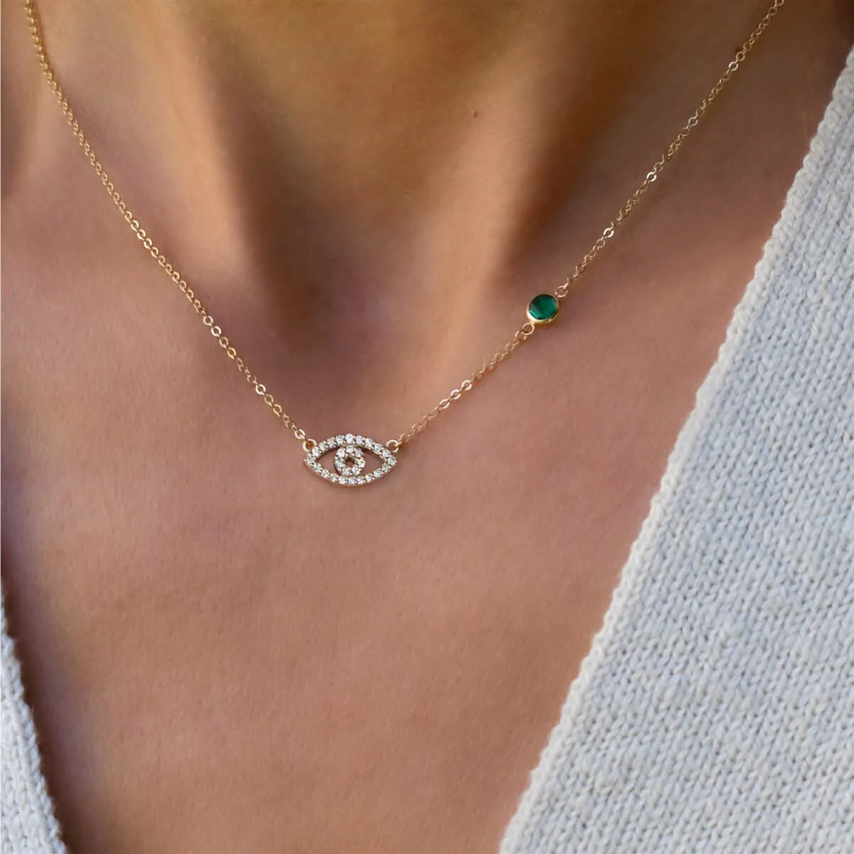 Diamond Evil Eye & Emerald Necklace in 14k Gold (May) - Image 3