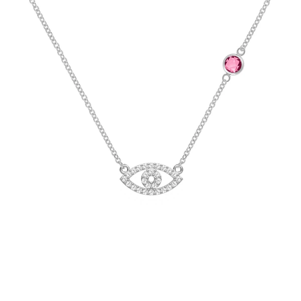 Diamond Evil Eye & Pink Sapphire Necklace in 14k Gold (October) - Image 8