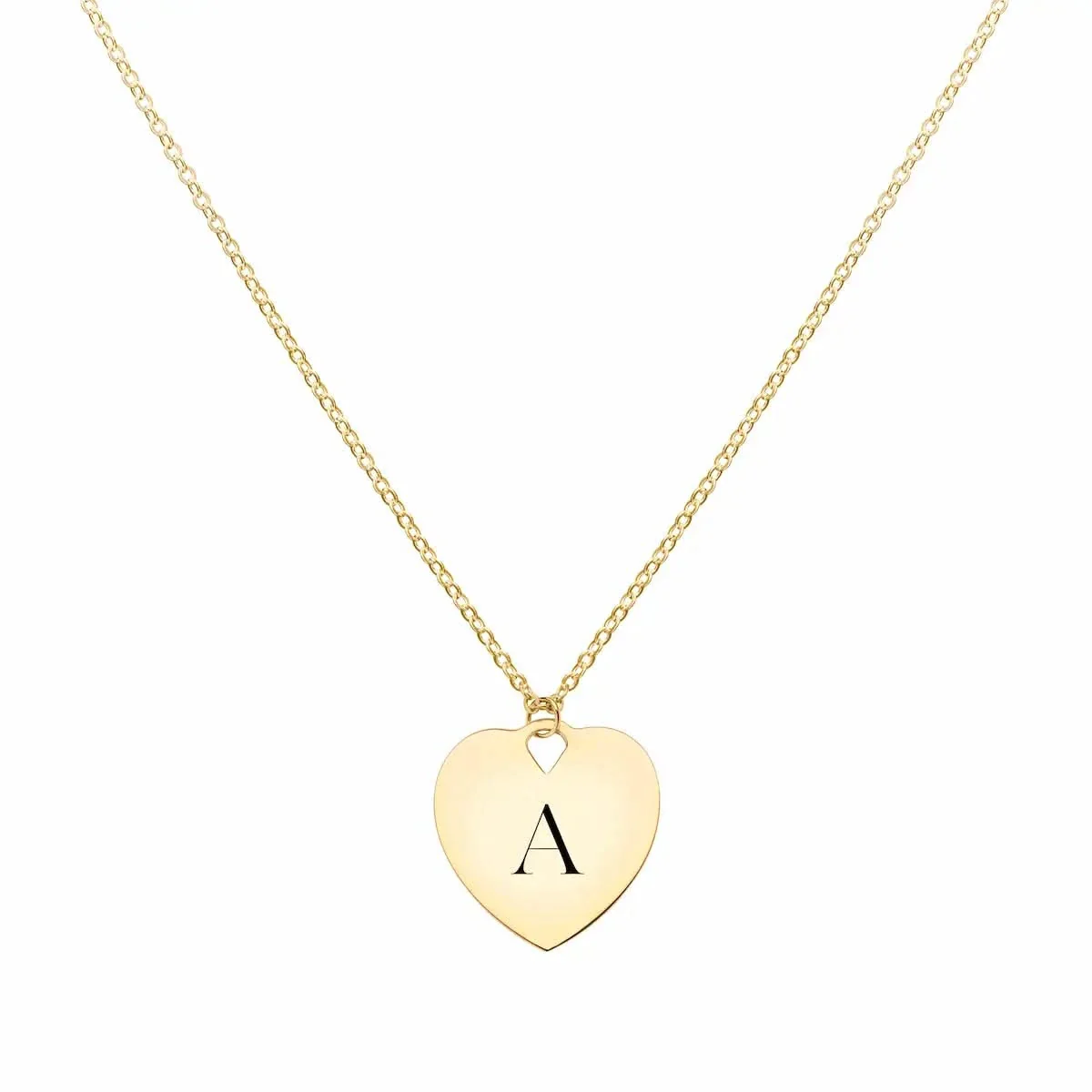 Small Engravable Flat Heart Pendant with Classic Chain in 14k Gold