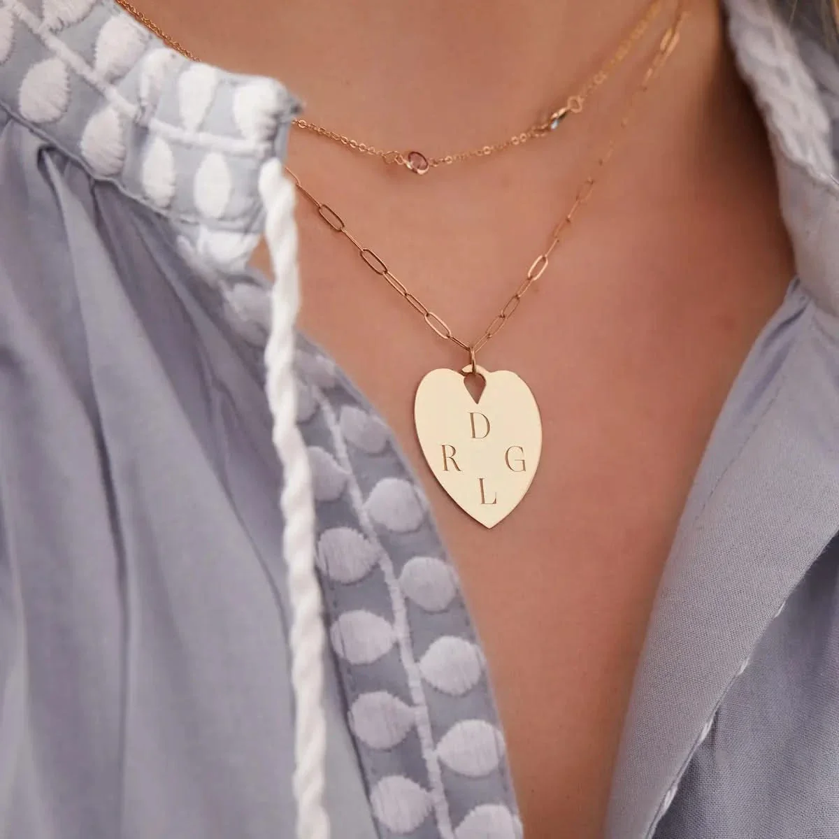 Engravable Large Flat Heart Pendant with Adelaide Mini Chain in 14k Gold - Image 3