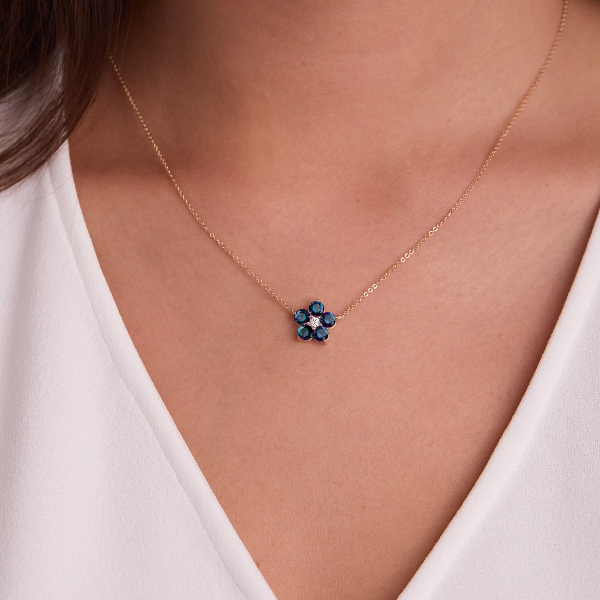 Greenwich Flower Alexandrite & Diamond Necklace in 14k Gold (June) - Image 3