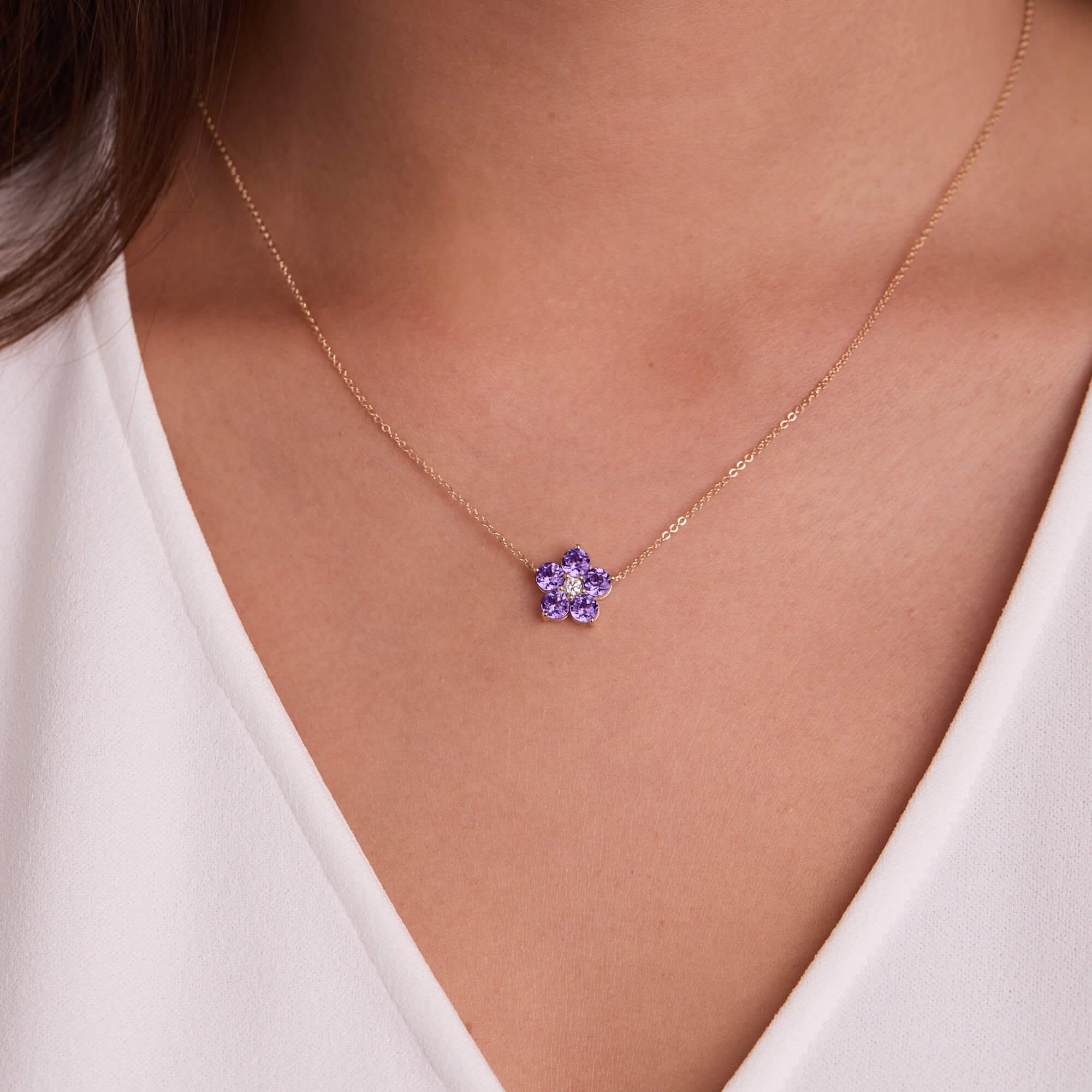 Greenwich Flower Amethyst & Diamond Necklace in 14k Gold (February) - Image 3