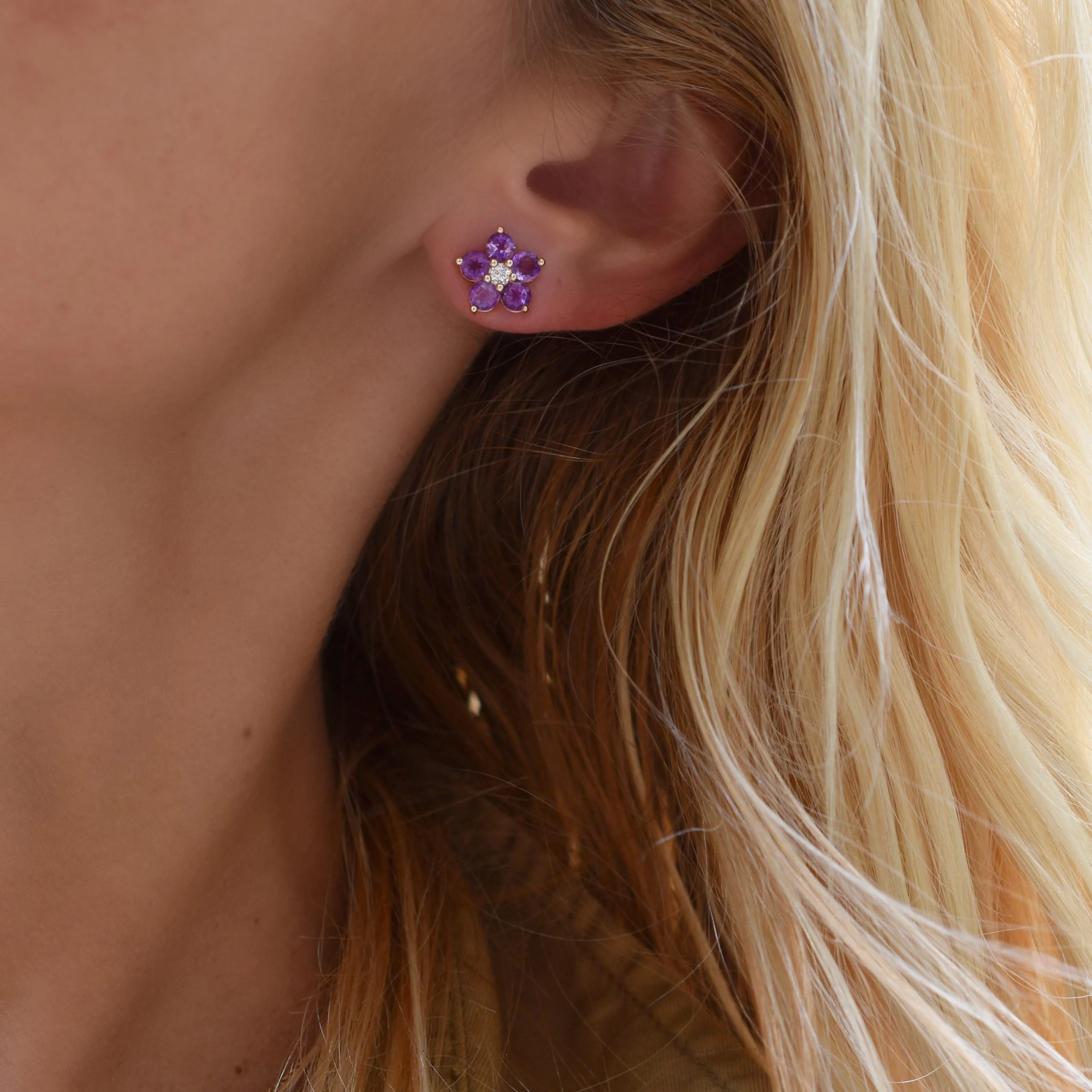 Greenwich Flower Amethyst & Diamond Necklace and Earrings Set in 14k Gold (February) - Image 12