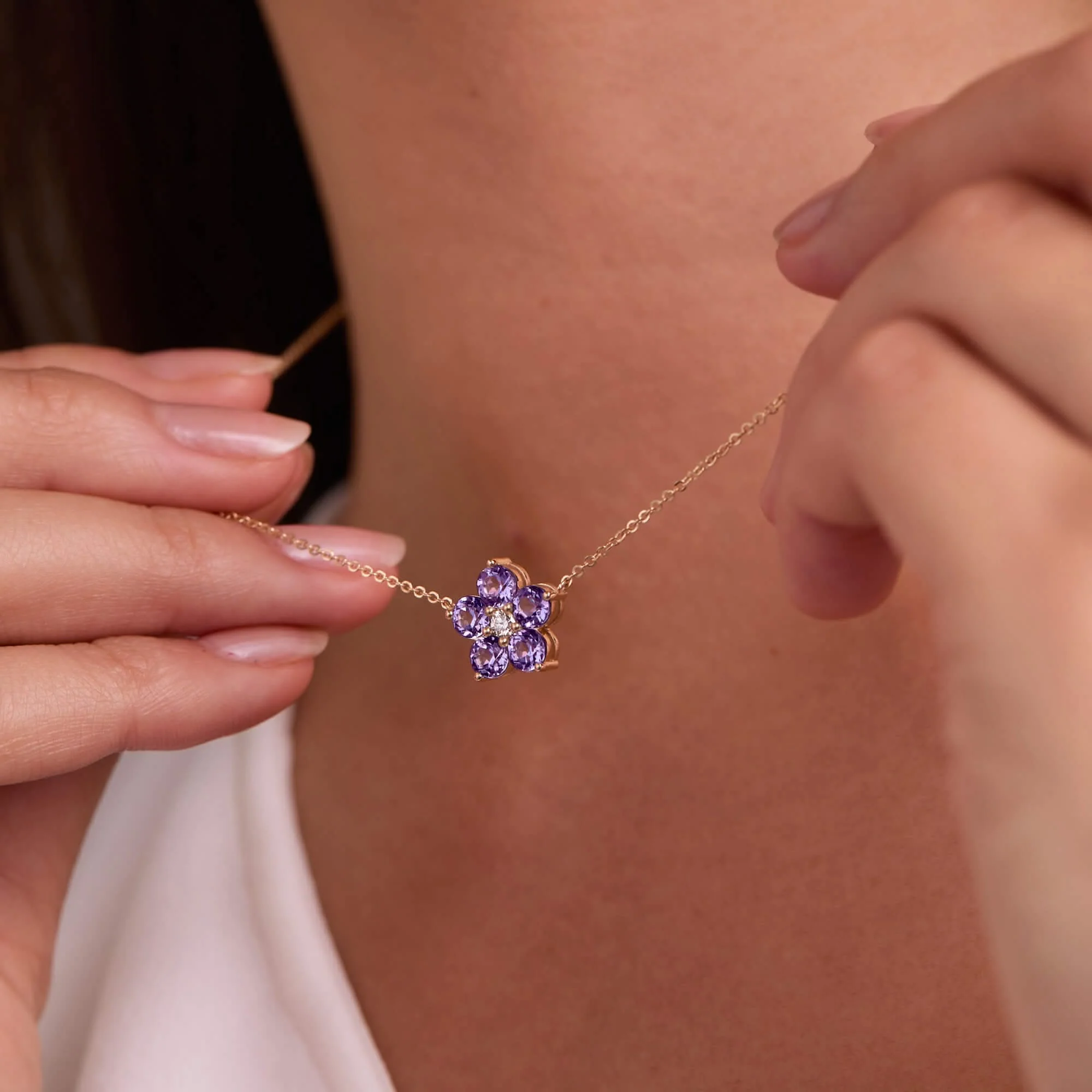 Greenwich Flower Amethyst & Diamond Necklace in 14k Gold (February) - Image 6