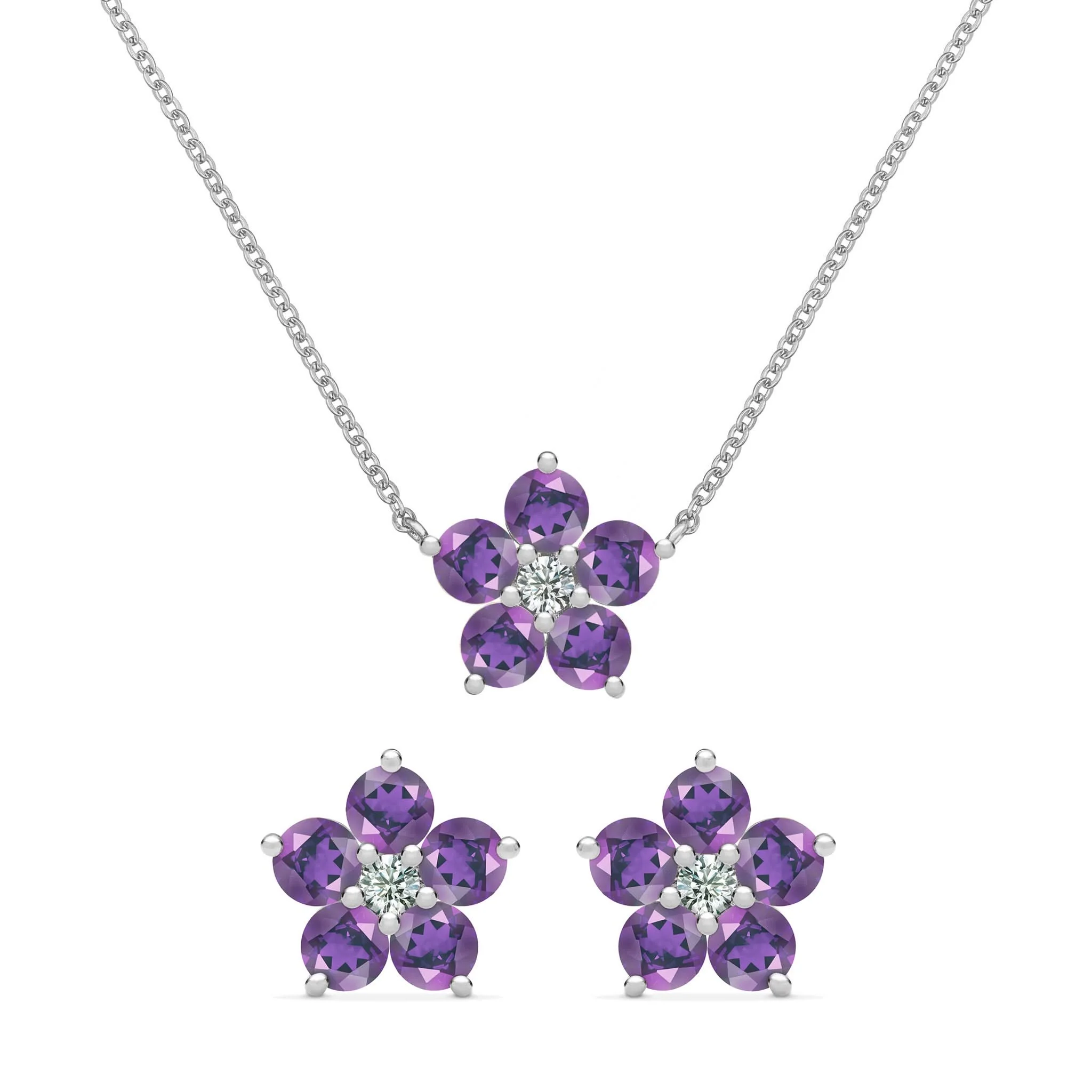 Greenwich Flower Amethyst & Diamond Necklace and Earrings Set in 14k Gold (February) - Image 8