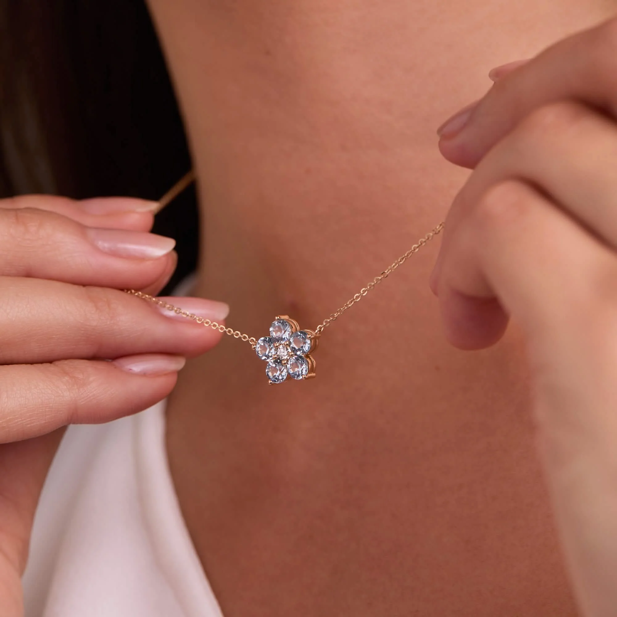 Greenwich Flower Aquamarine & Diamond Necklace and Earrings Set in 14k Gold (March) - Image 6