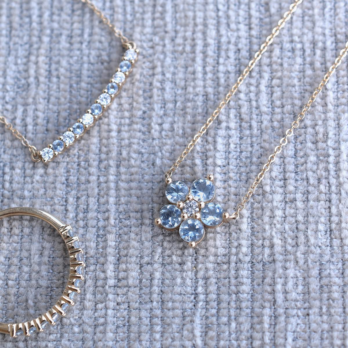 Greenwich Flower Aquamarine & Diamond Necklace and Earrings Set in 14k Gold (March) - Image 9