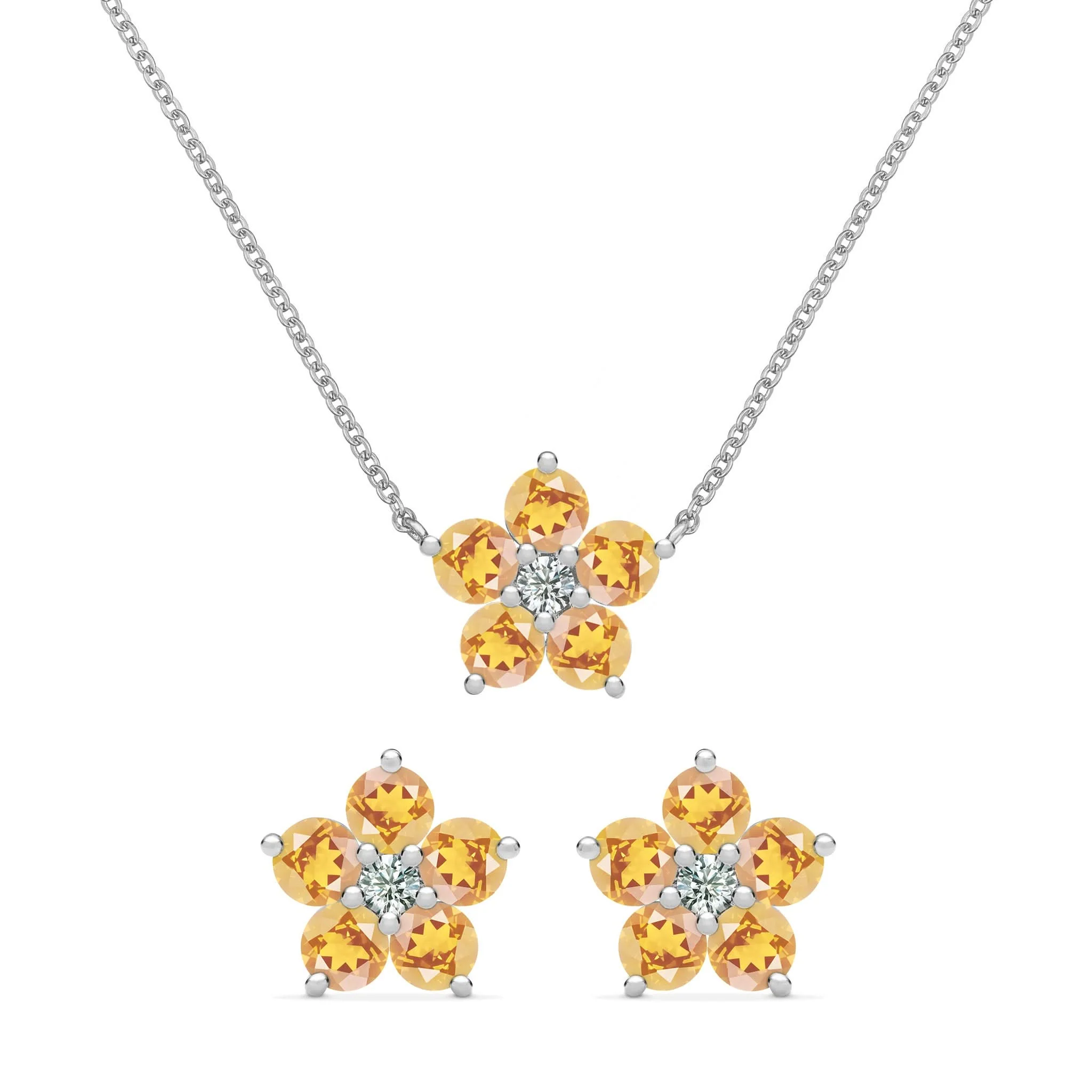 Greenwich Flower Citrine & Diamond Necklace and Earrings Set in 14k Gold (November) - Image 8