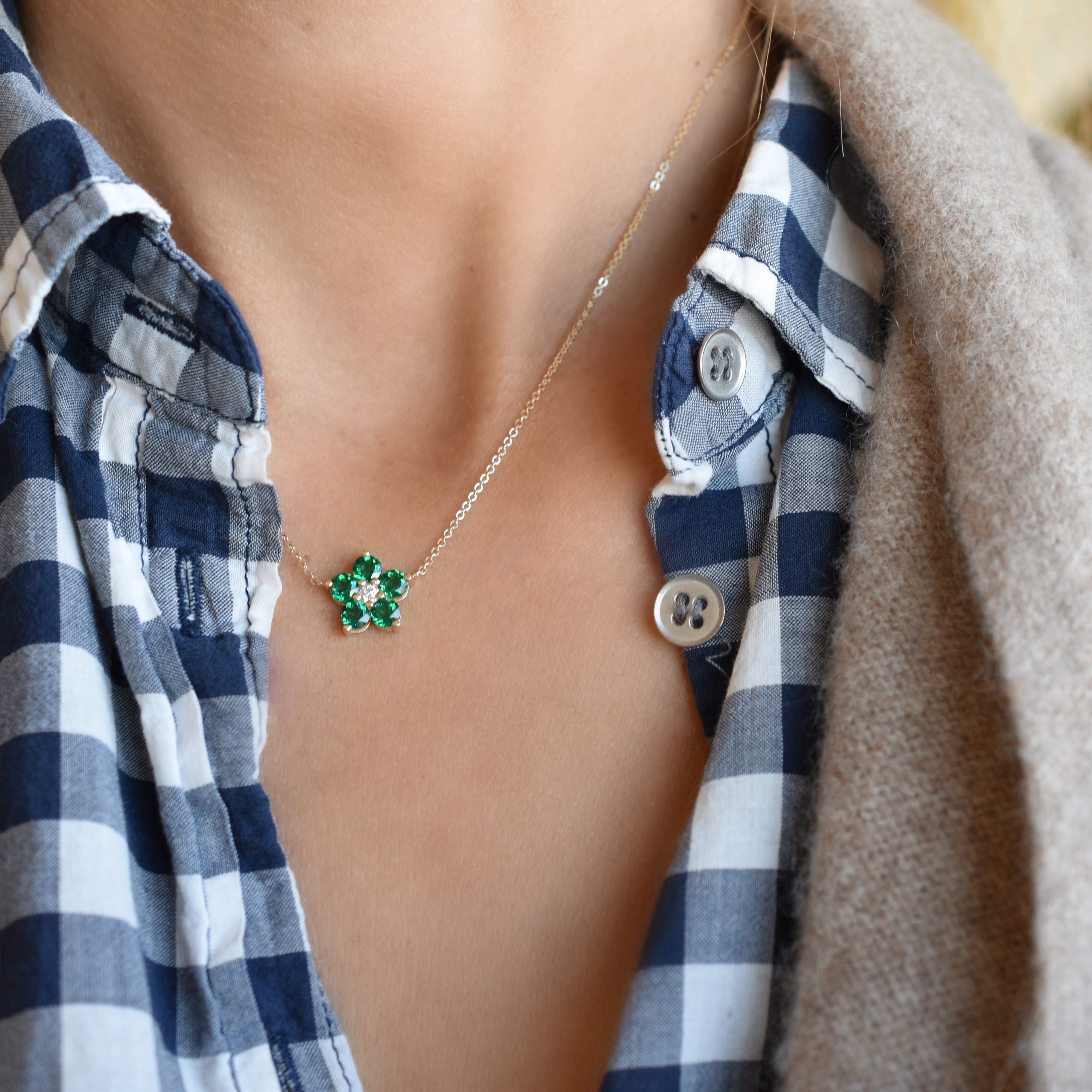 Greenwich Flower Emerald & Diamond Necklace and Earrings Set in 14k Gold (May) - Image 13