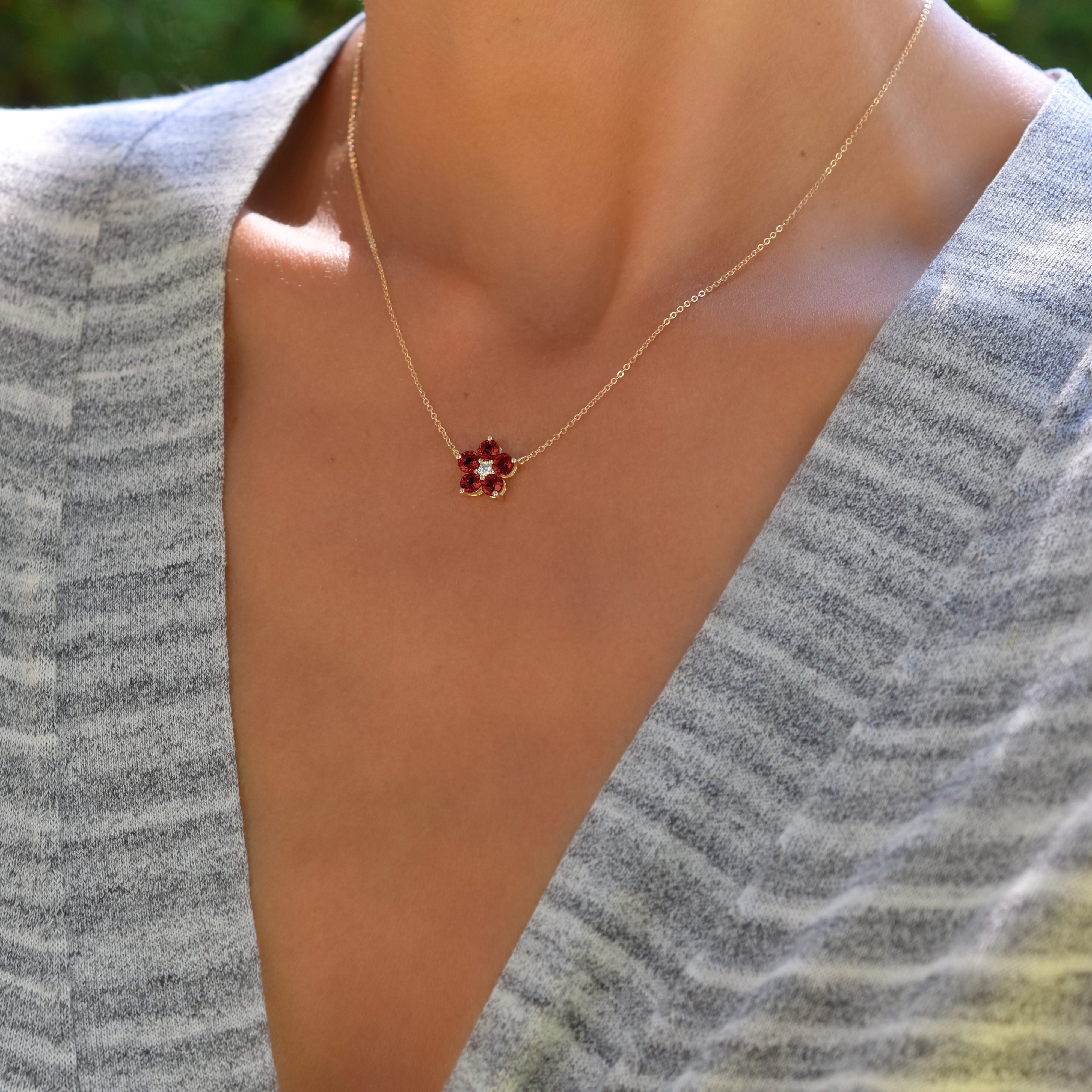 Greenwich Flower Garnet & Diamond Necklace and Earrings Set in 14k Gold (January) - Image 11