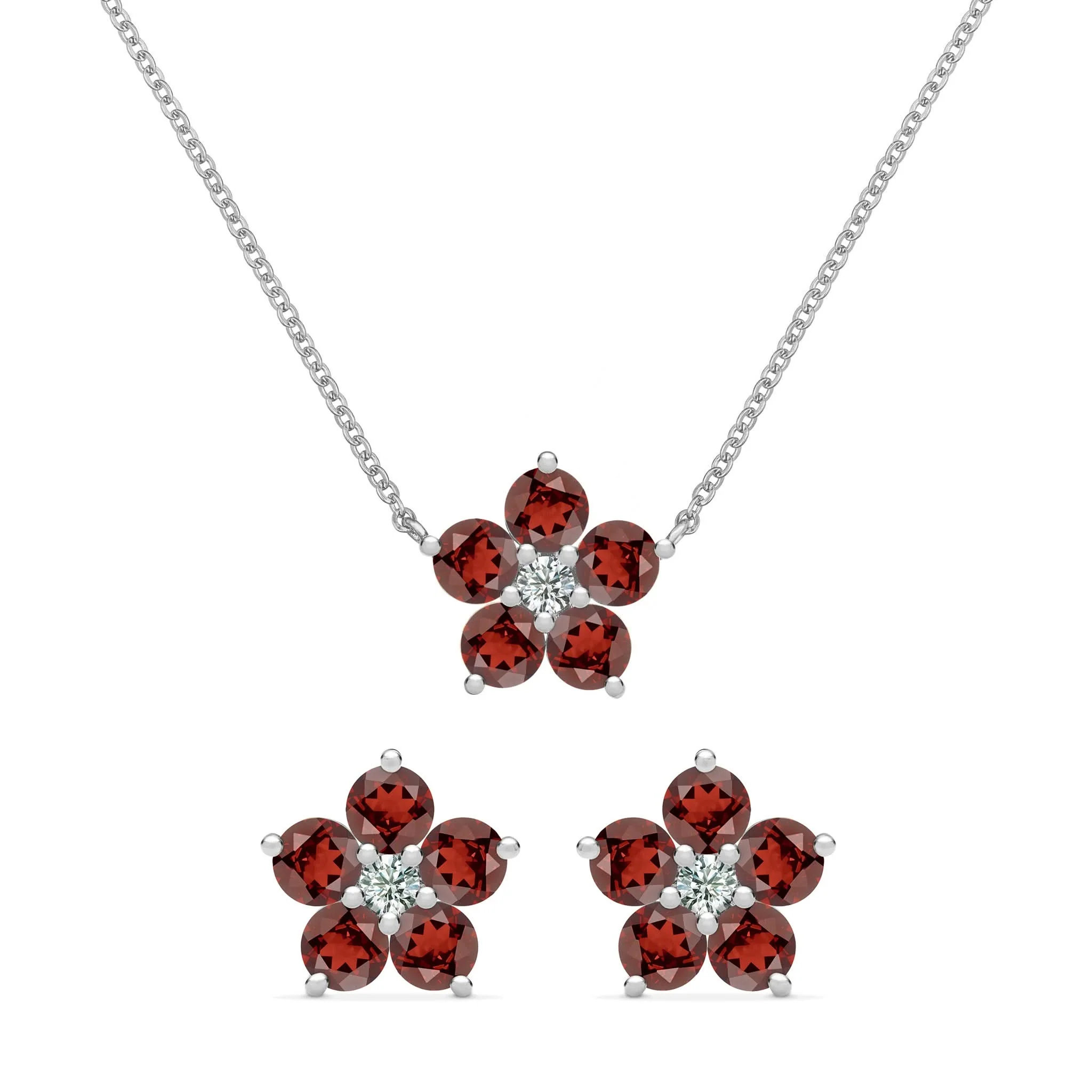 Greenwich Flower Garnet & Diamond Necklace and Earrings Set in 14k Gold (January) - Image 8