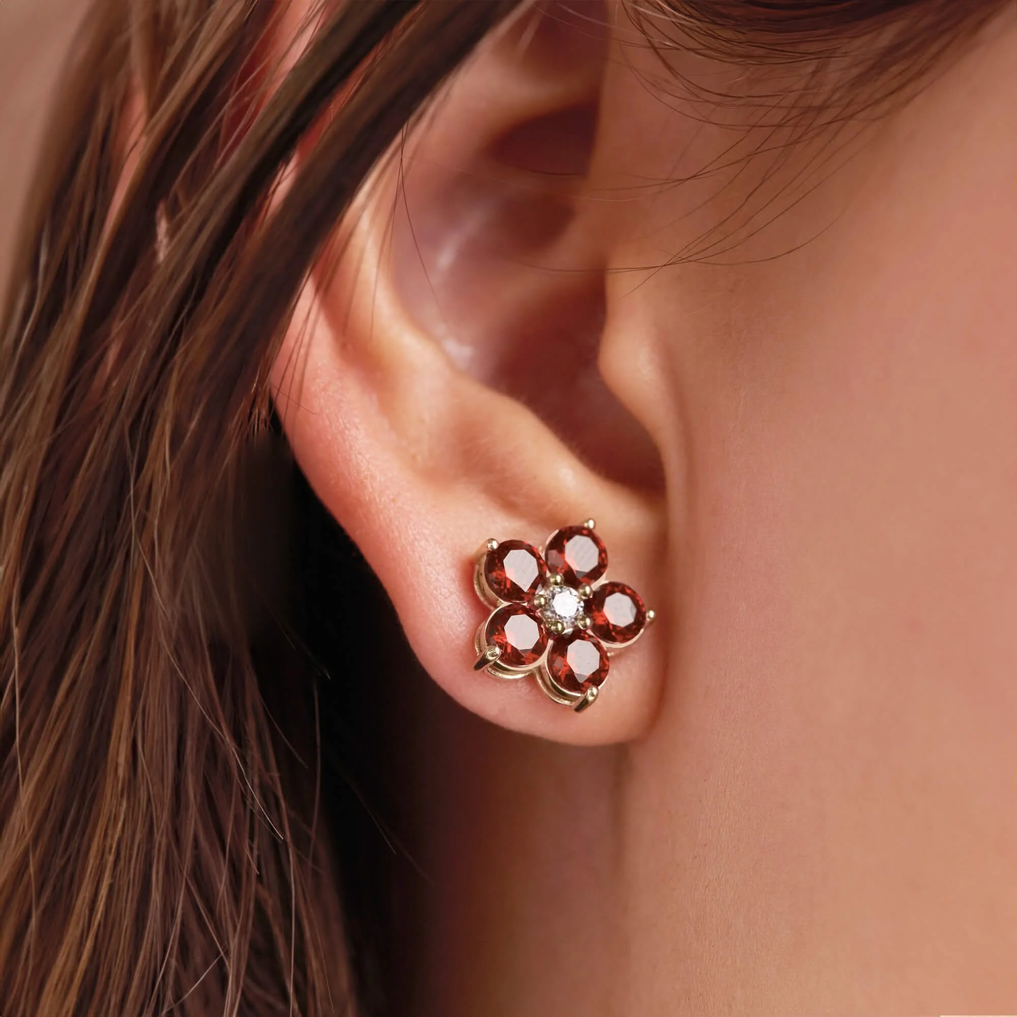 Greenwich Flower Garnet & Diamond Earrings in 14k Gold (January) - Image 6