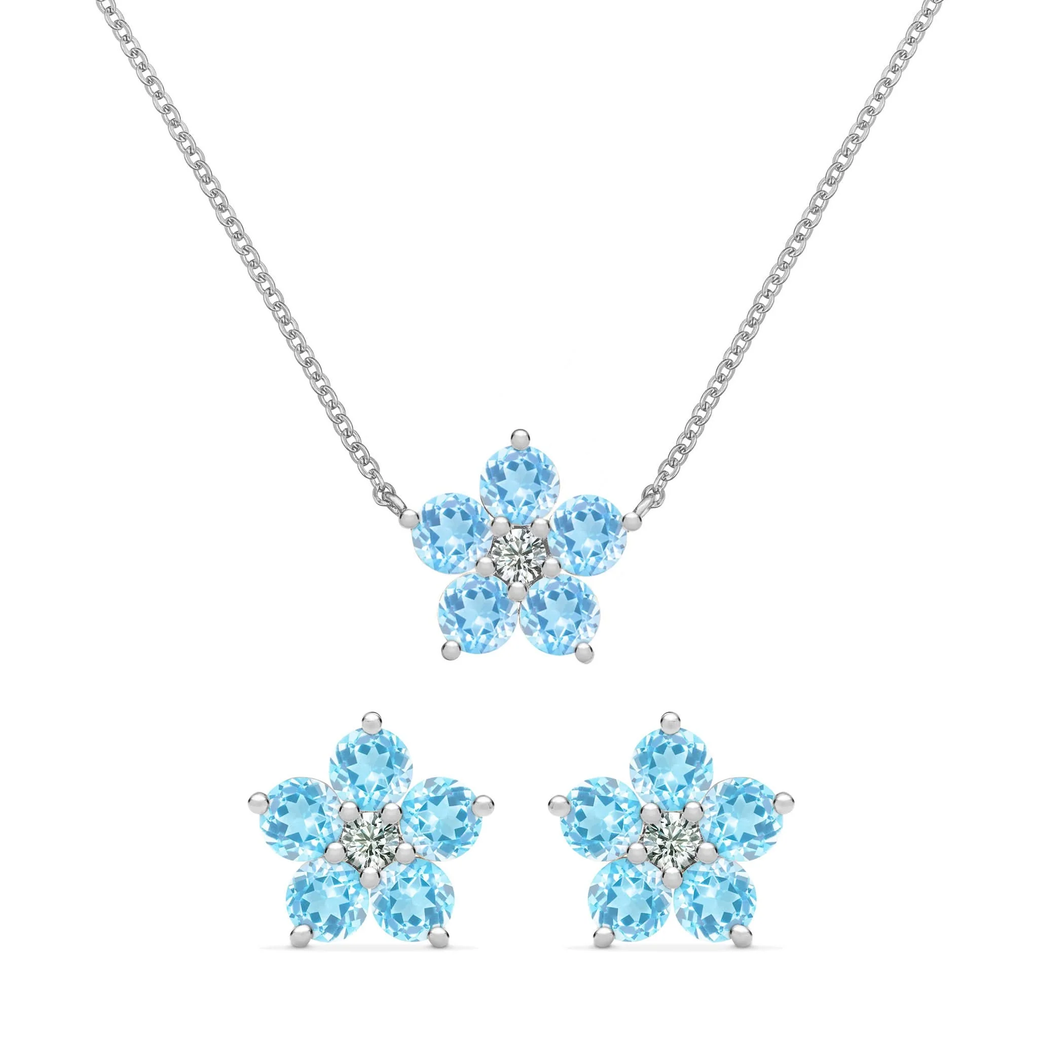 Greenwich Flower Nantucket Blue Topaz & Diamond Necklace and Earrings Set in 14k Gold (December) - Image 8