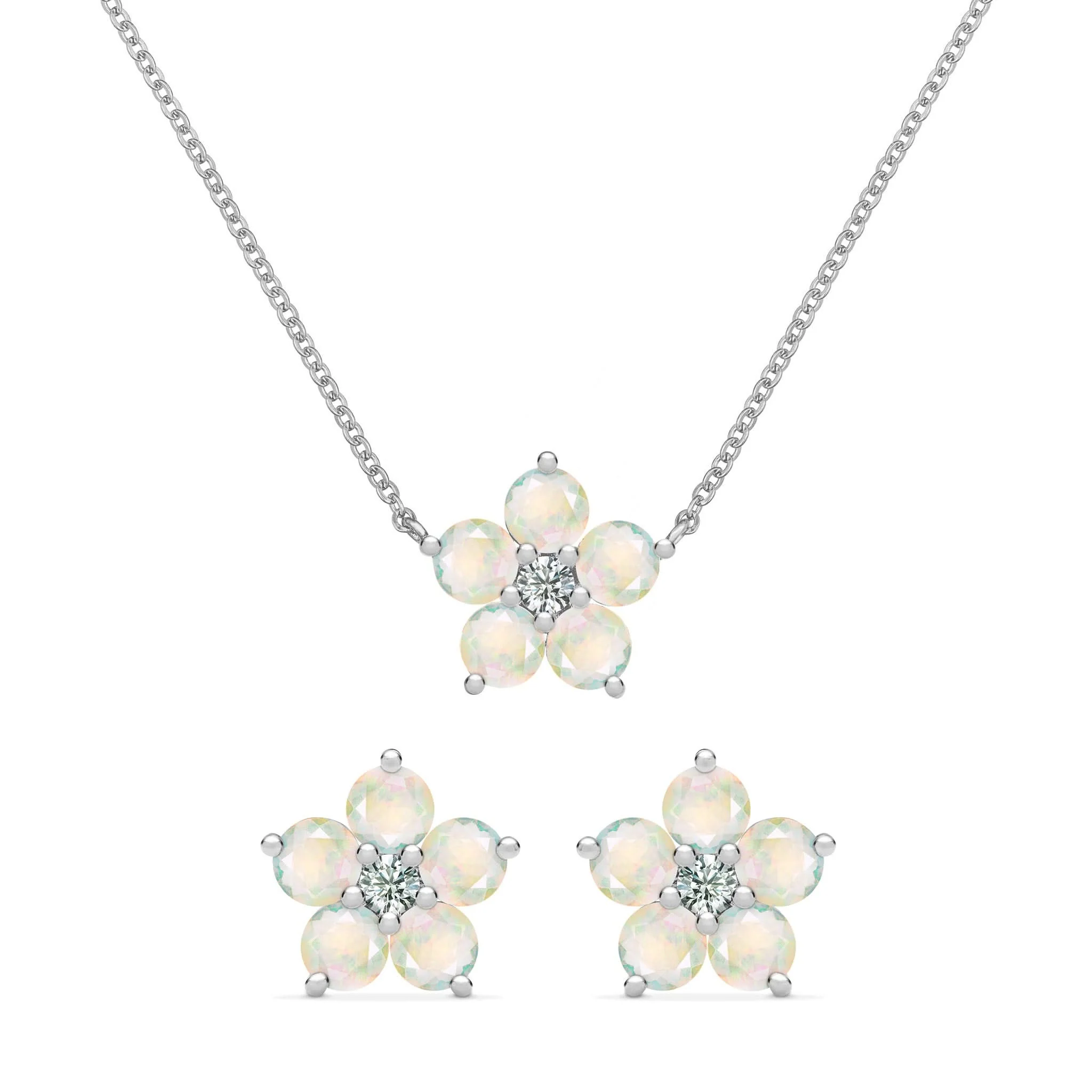 Greenwich Flower Opal & Diamond Necklace and Earrings Set in 14k Gold (October) - Image 8