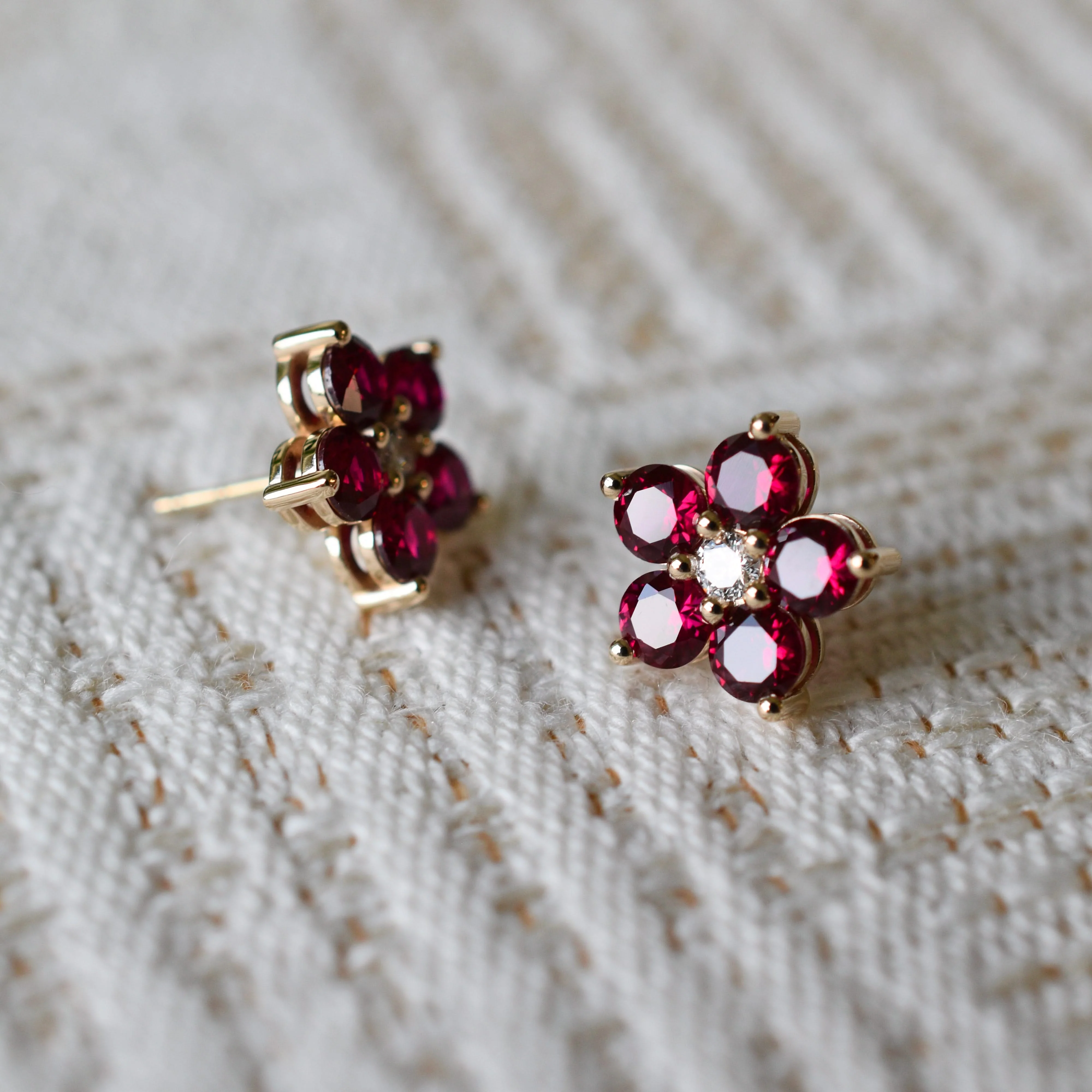 Greenwich Flower Ruby & Diamond Necklace and Earrings Set in 14k Gold (July) - Image 11