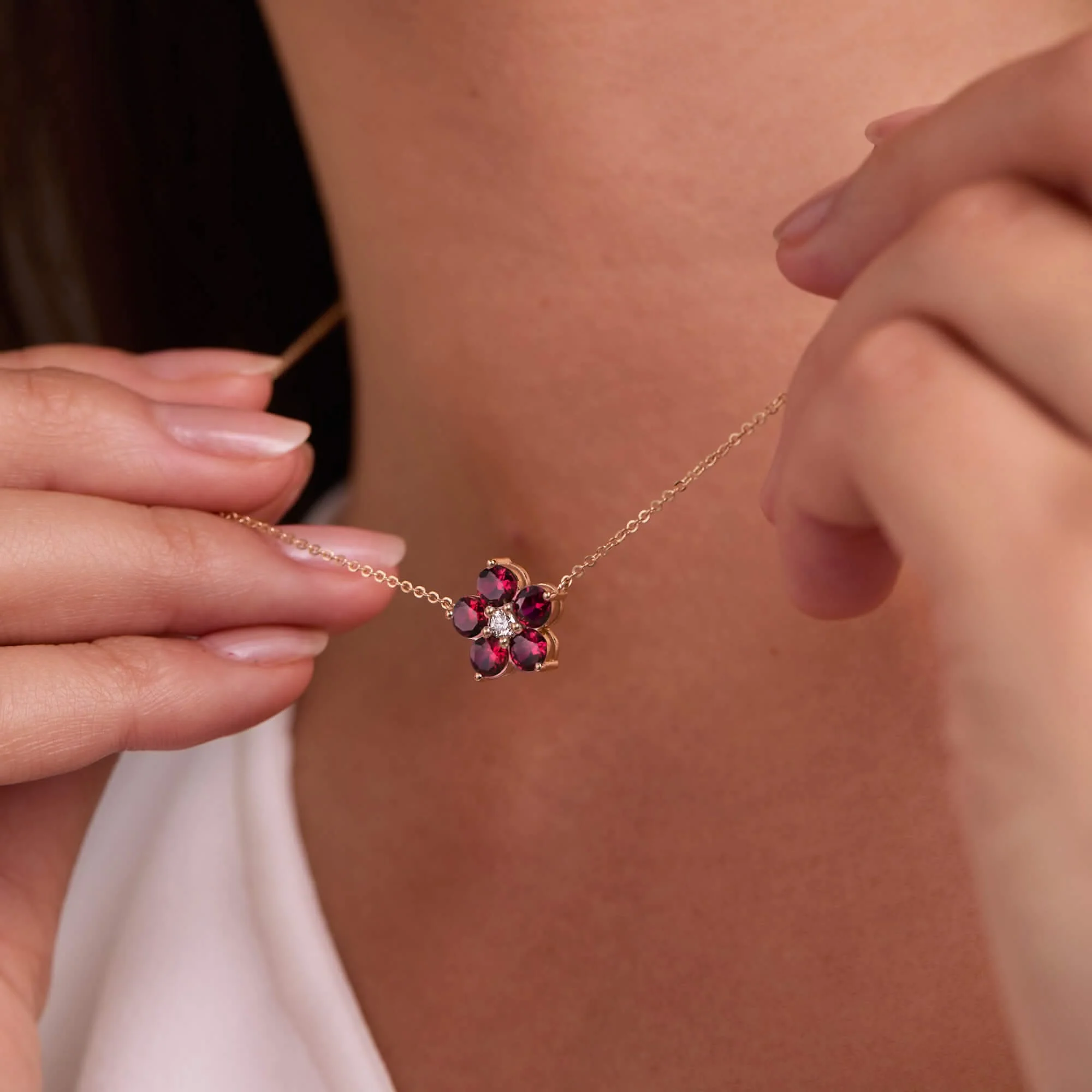 Greenwich Flower Ruby & Diamond Necklace in 14k Gold (July) - Image 9