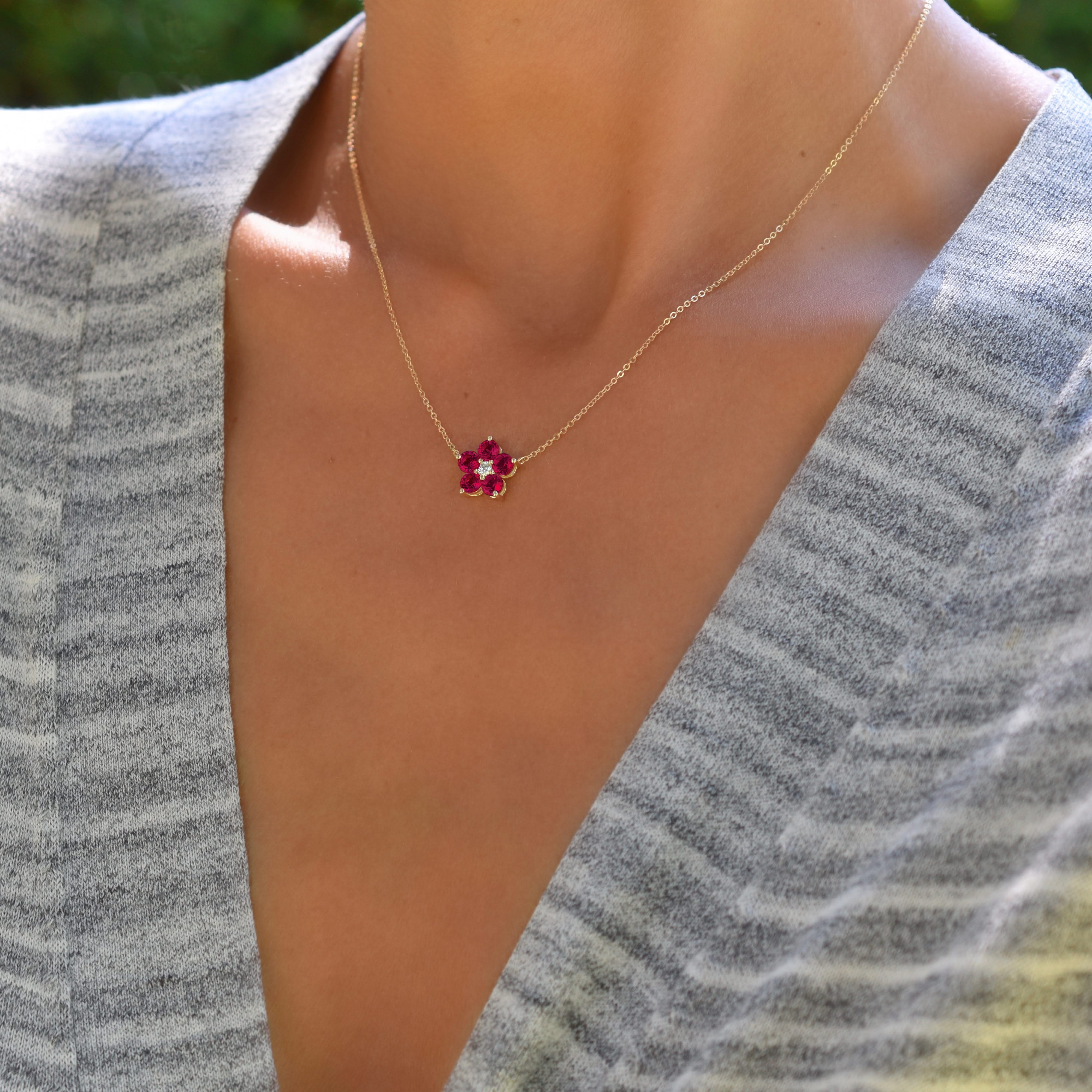 Greenwich Flower Ruby & Diamond Necklace and Earrings Set in 14k Gold (July) - Image 14