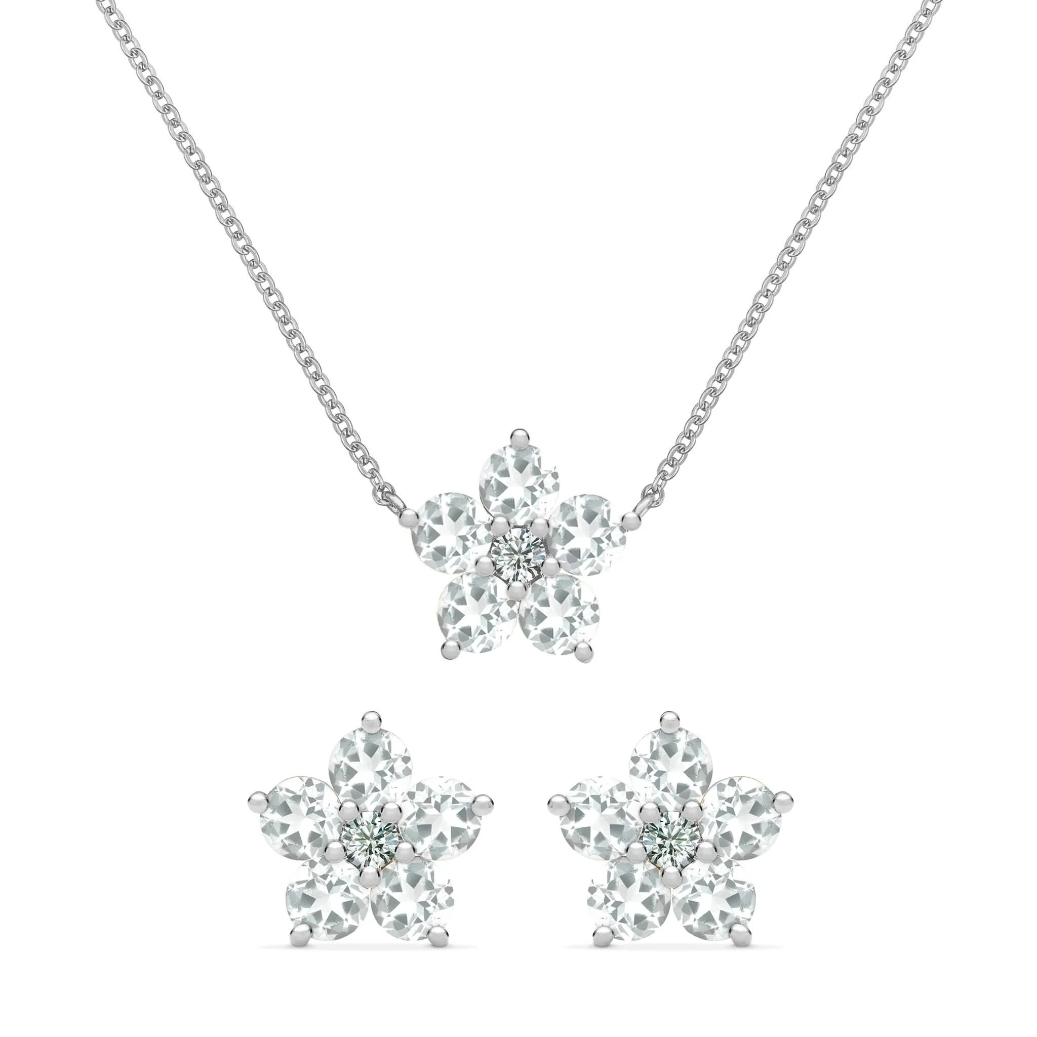 Greenwich Flower White Topaz & Diamond Necklace and Earrings Set in 14k Gold (April) - Image 8