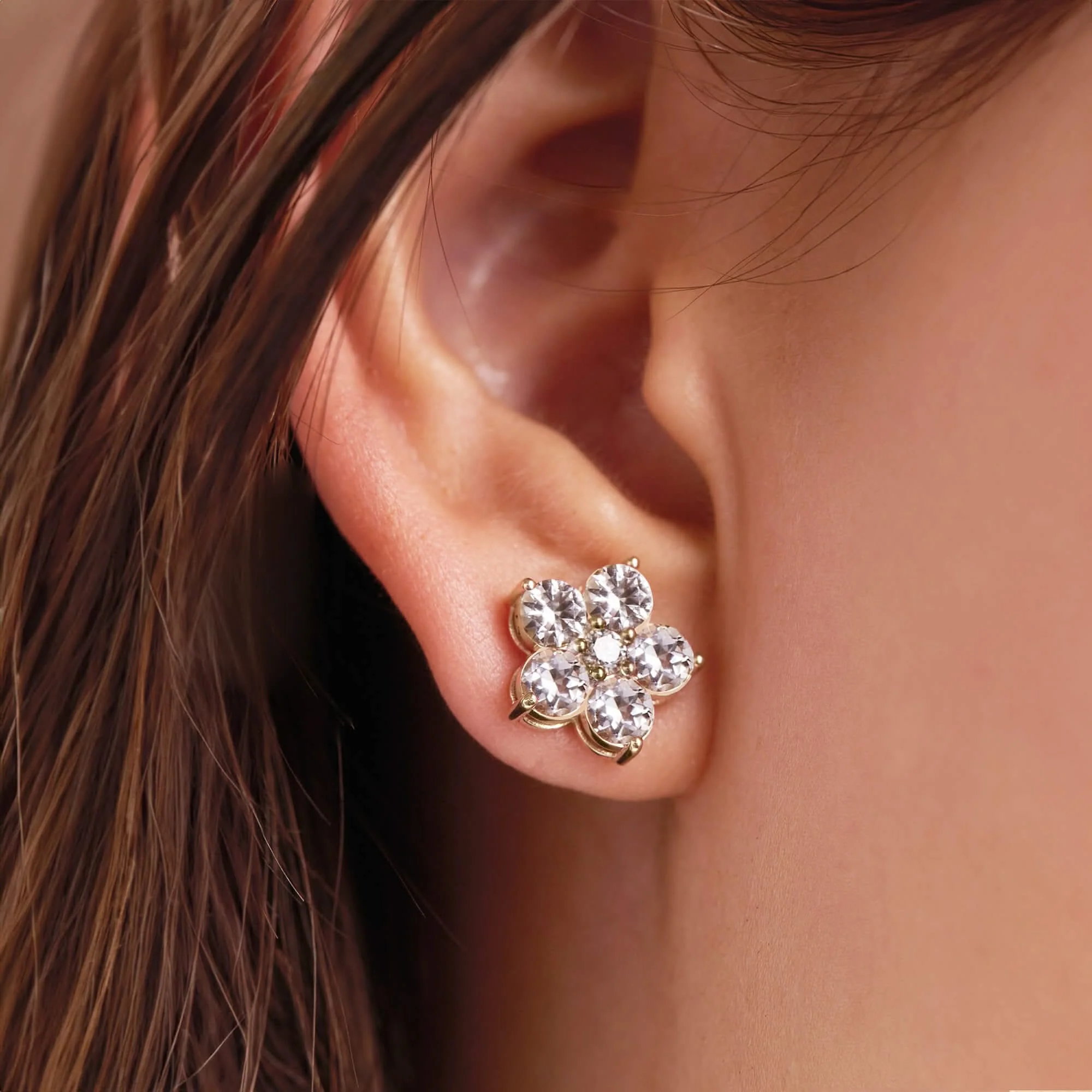 Greenwich Flower White Topaz & Diamond Earrings in 14k Gold (April) - Image 6