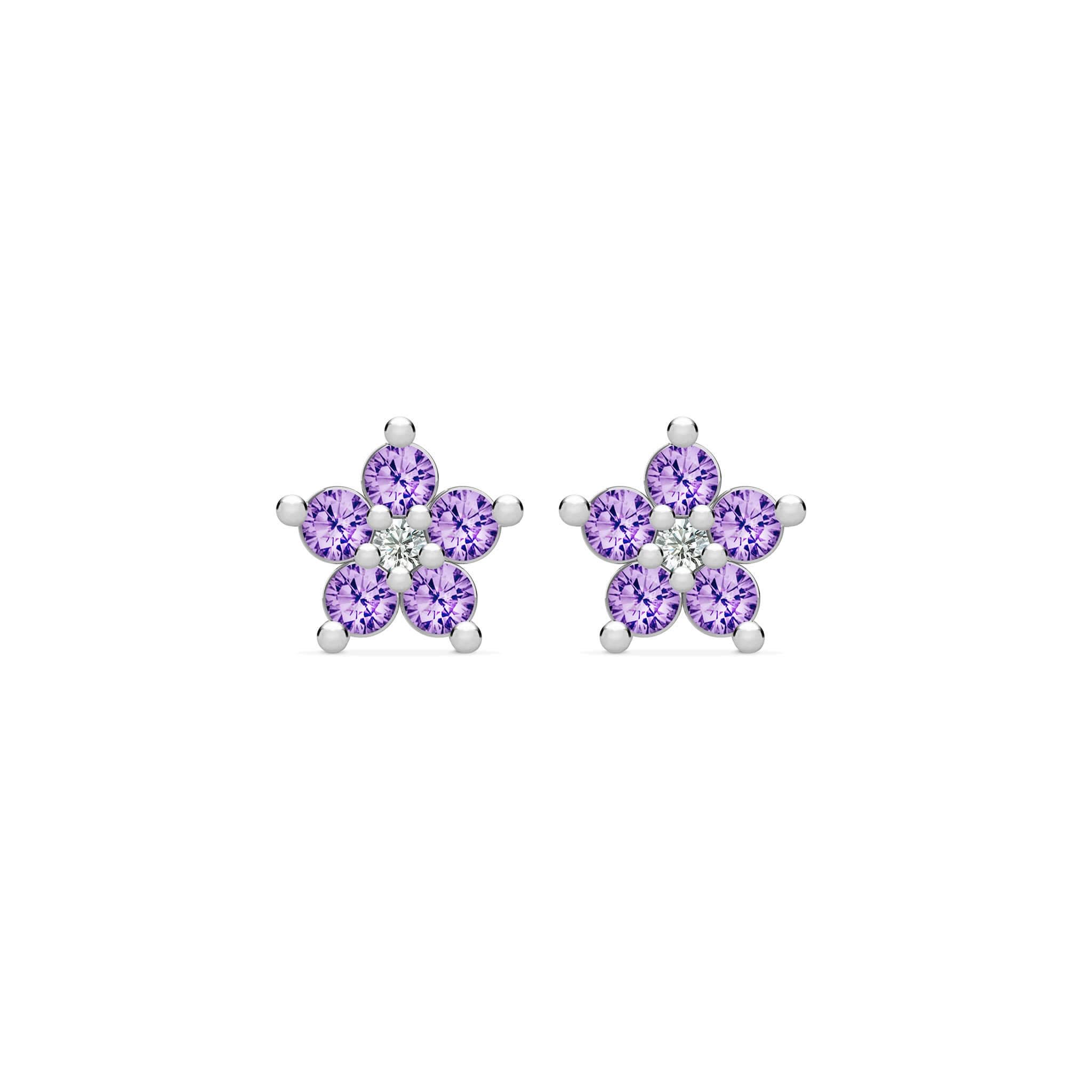 Greenwich Mini Flower Amethyst & Diamond Earrings in 14k Gold (February) - Image 5
