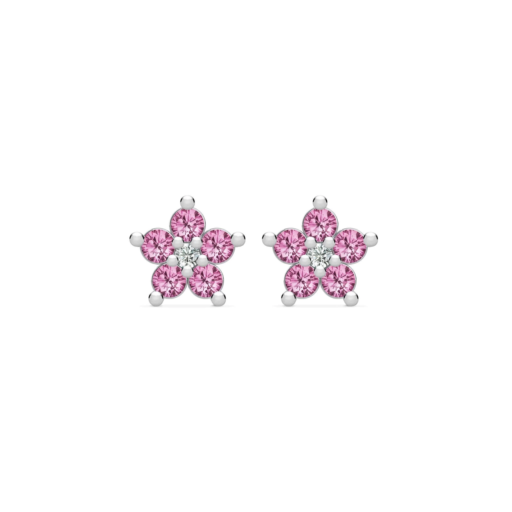 Greenwich Mini Flower Pink Sapphire & Diamond Earrings in 14k Gold (October) - Image 5