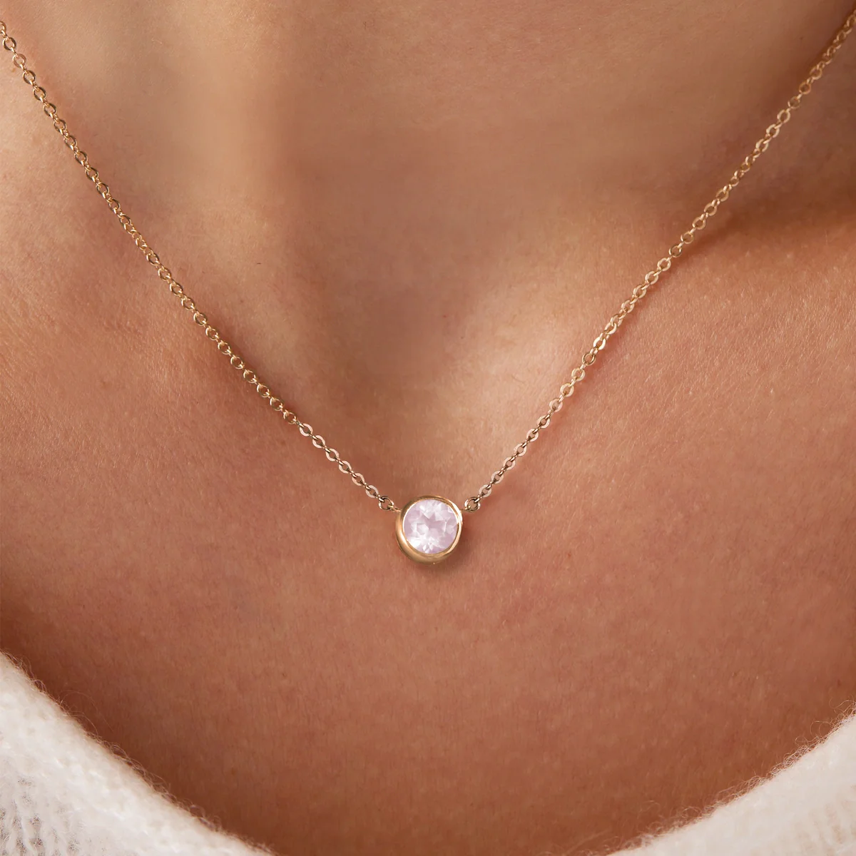 Jamestown Rose Quartz Solitaire Necklace in 14k Gold (October) - Image 6