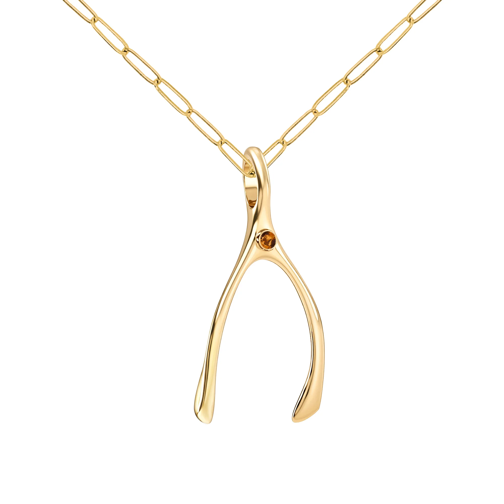 Large Citrine Wishbone Pendant in Solid 14k Gold (November) - Image 4