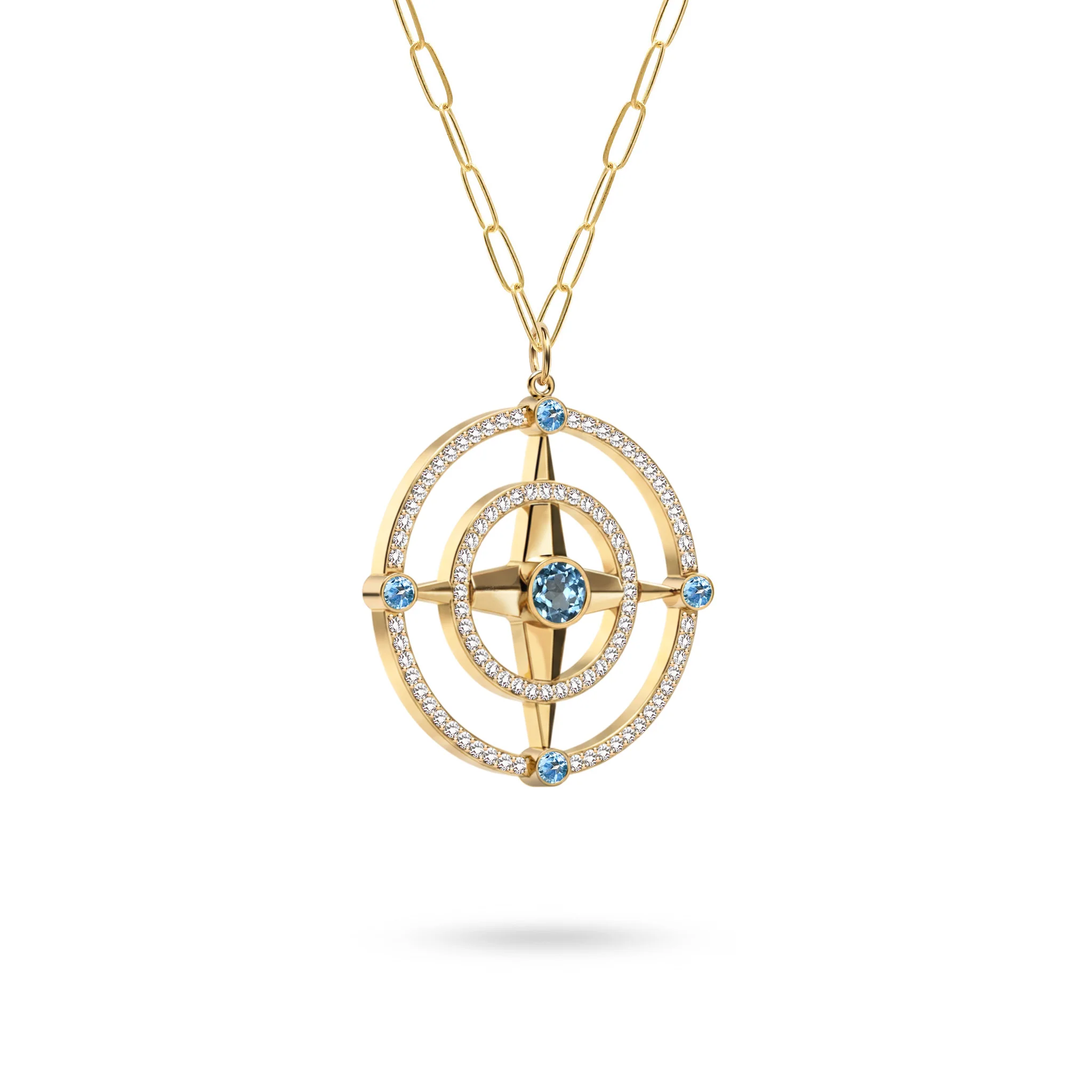 Large Compass Nantucket Blue Topaz & Diamond Pendant in 14k Gold (December) - Image 4