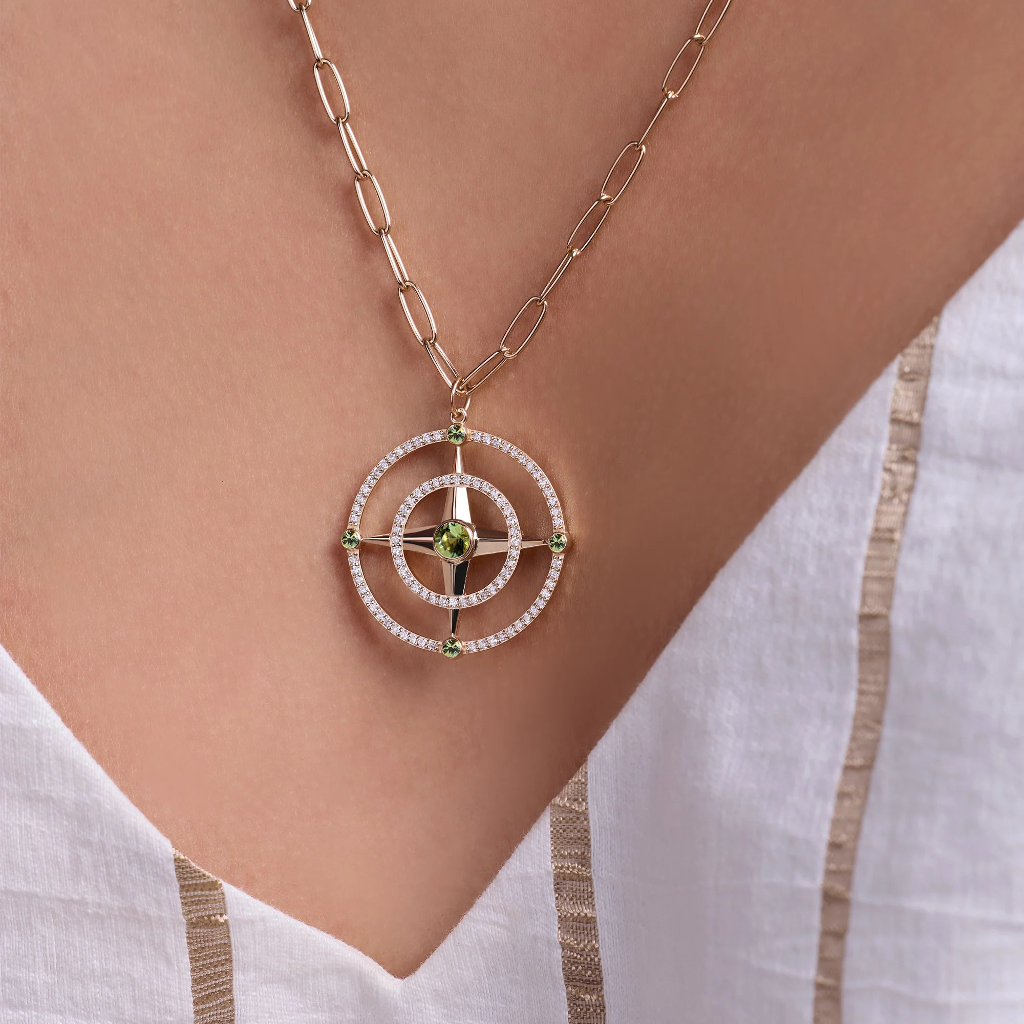 Large Compass Peridot & Diamond Pendant in 14k Gold (August) - Image 3
