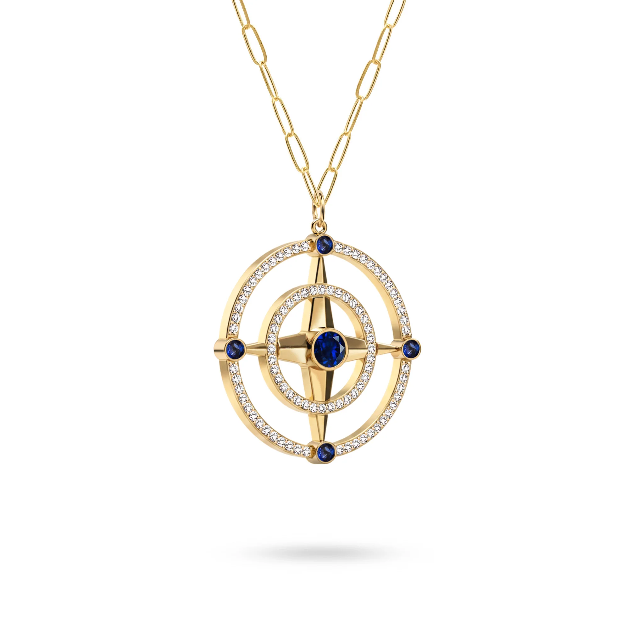 Large Compass Sapphire & Diamond Pendant in 14k Gold (September) - Image 4