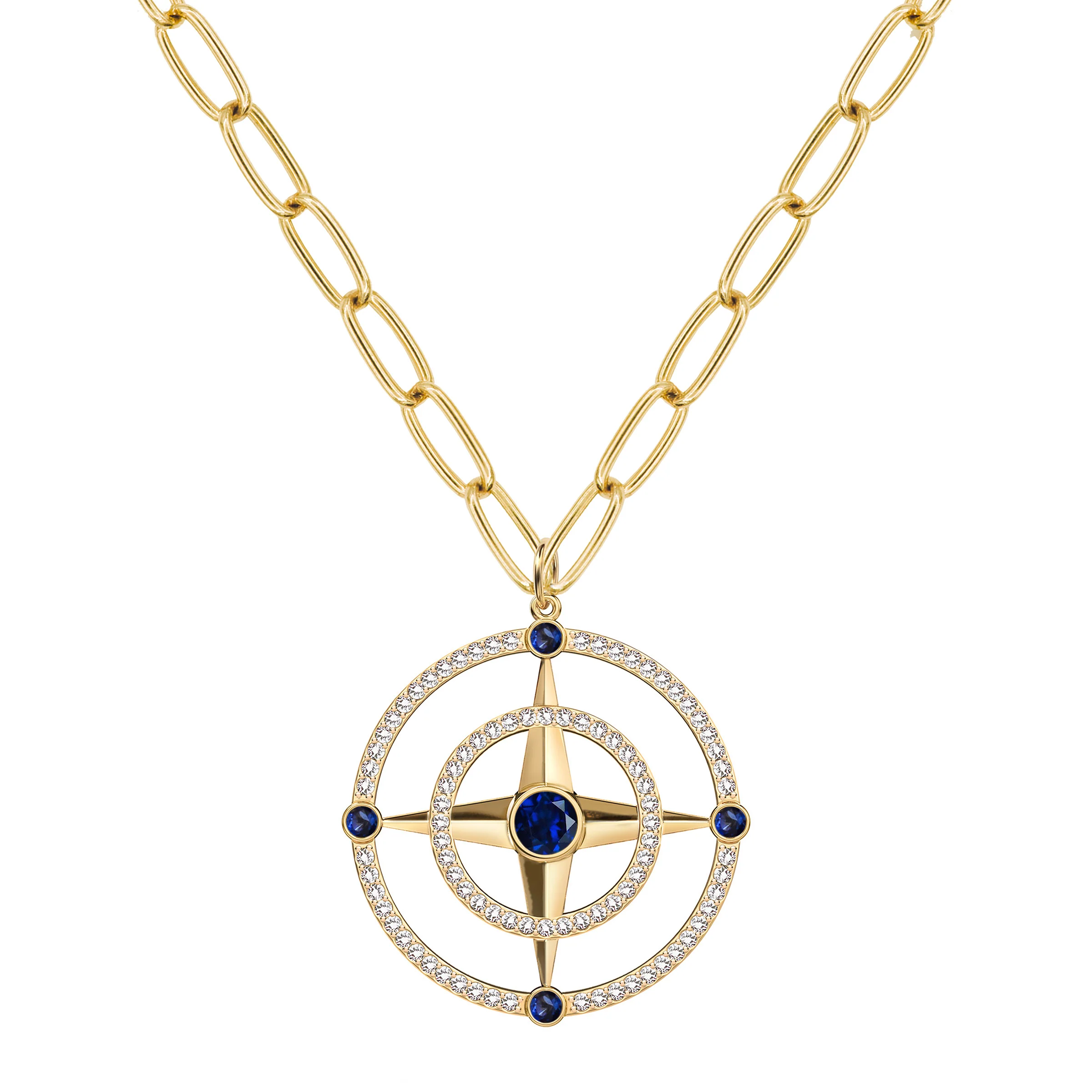 Large Compass Sapphire & Diamond Pendant in 14k Gold (September) - Image 7