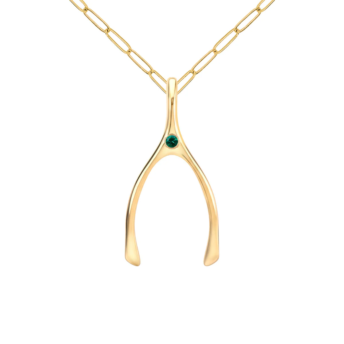 Large Emerald Wishbone Pendant in Solid 14k Gold (May) - Image 9