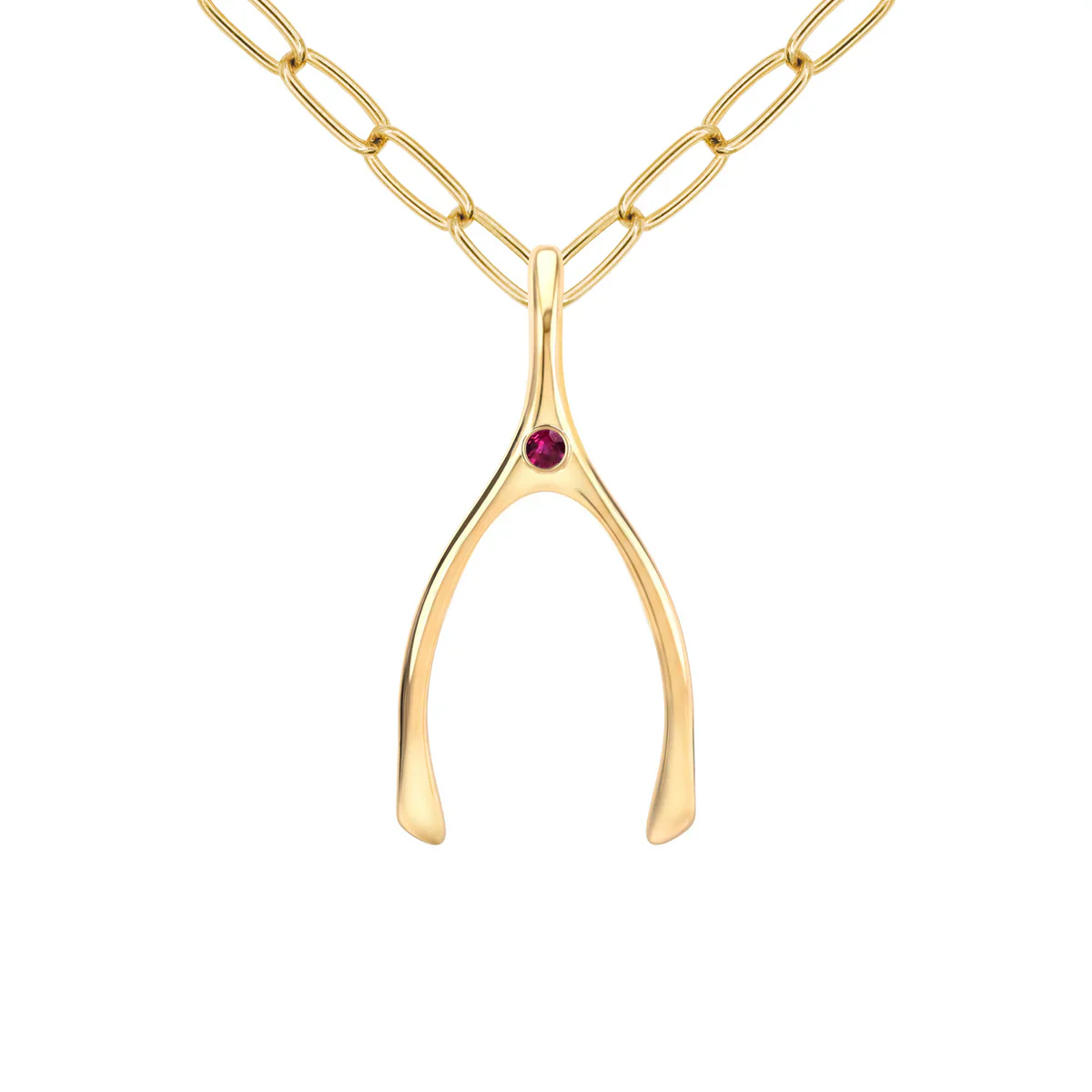 Large Ruby Wishbone Pendant in Solid 14k Gold (July) - Image 10