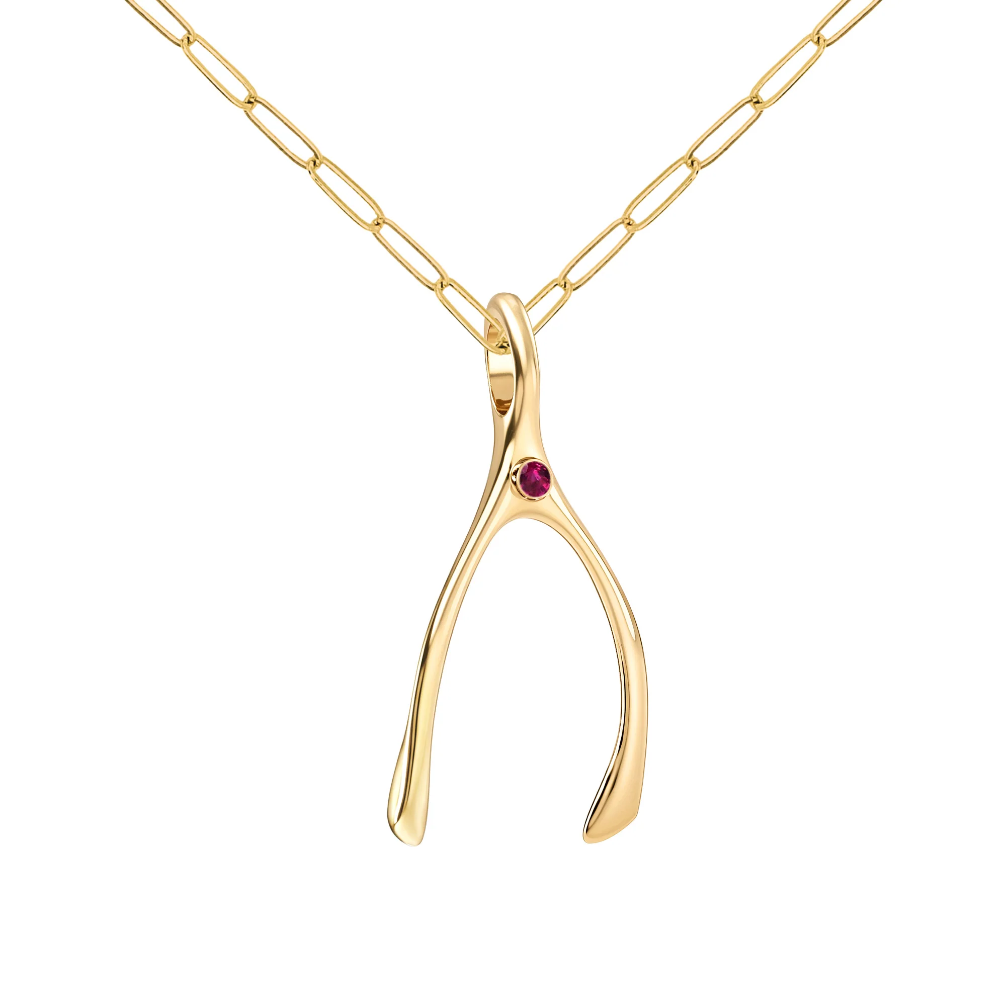 Large Ruby Wishbone Pendant in Solid 14k Gold (July) - Image 4