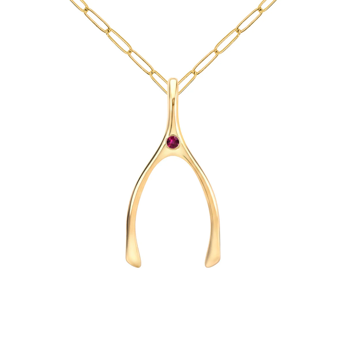 Large Ruby Wishbone Pendant in Solid 14k Gold (July) - Image 9
