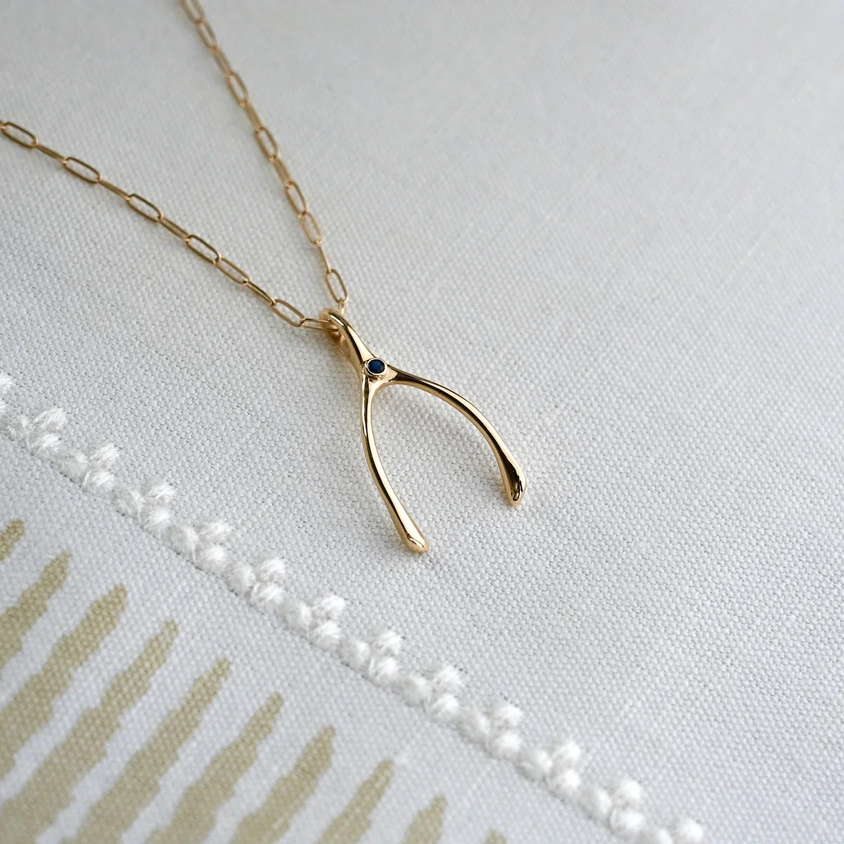 Large Sapphire Wishbone Pendant in Solid 14k Gold (September) - Image 3