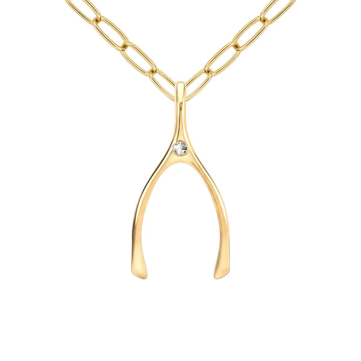 Large White Topaz Wishbone Pendant in Solid 14k Gold (April) - Image 10