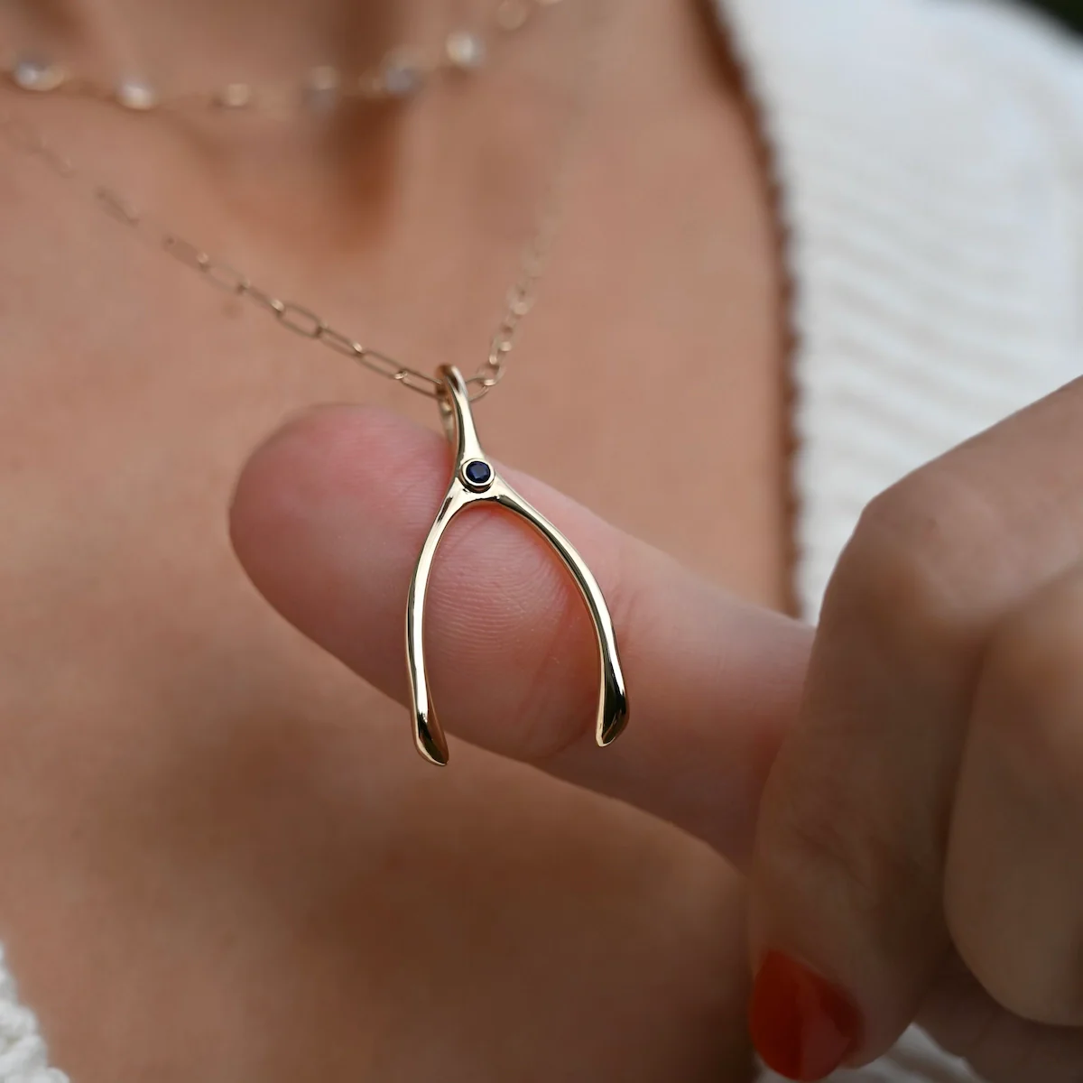 Large Wishbone Birthstone Pendant in 14K Gold - Image 3