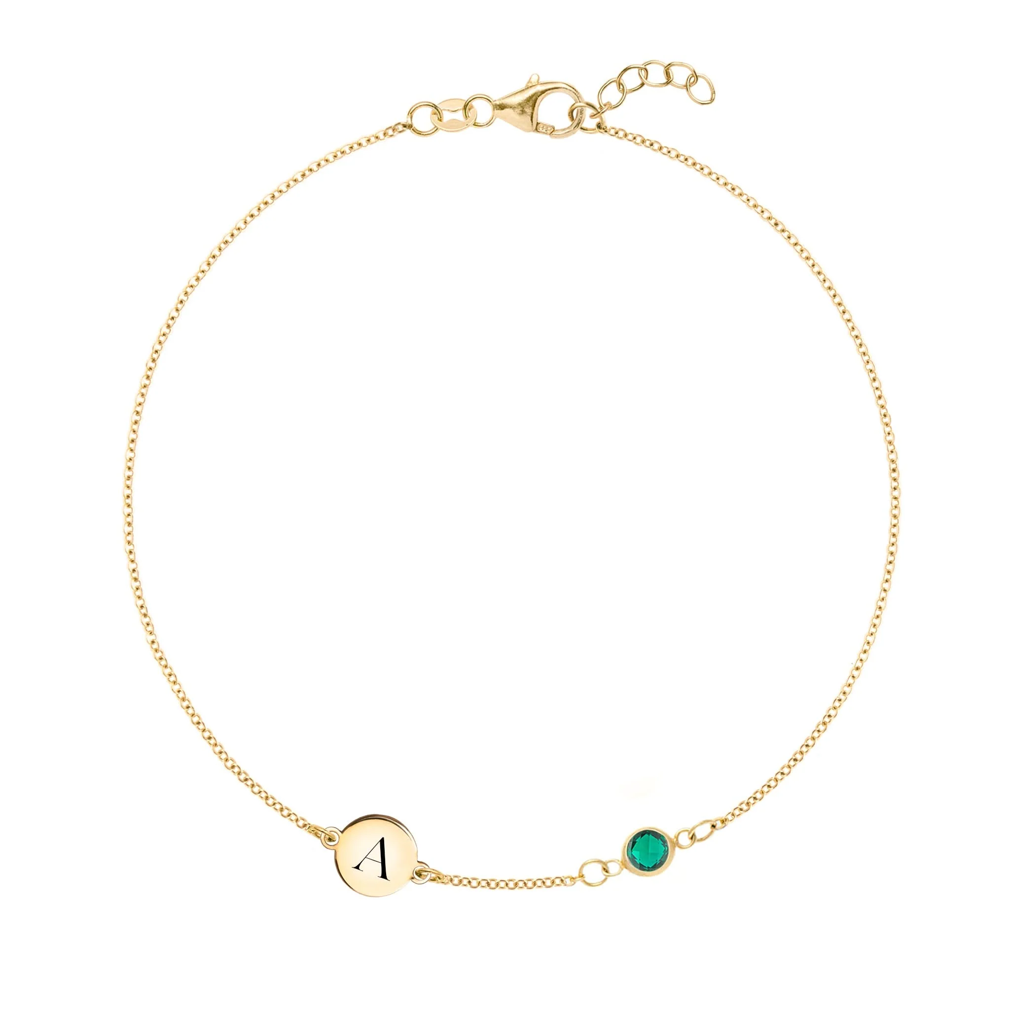 1 Letter & 1 Petite Emerald Bracelet in 14k Gold (May)
