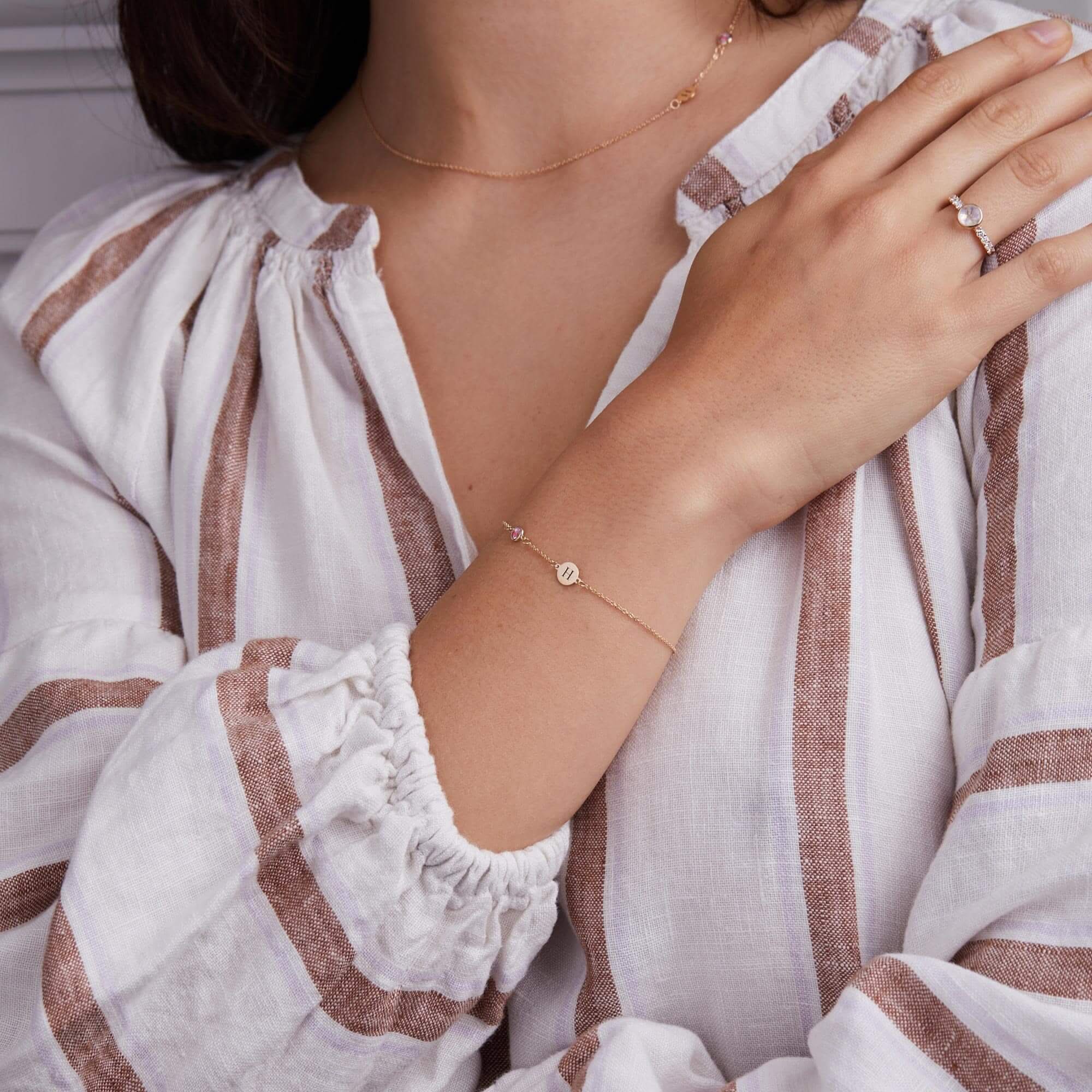 1 Letter & 1 Petite Pink Sapphire Bracelet in 14k Gold (October) - Image 2