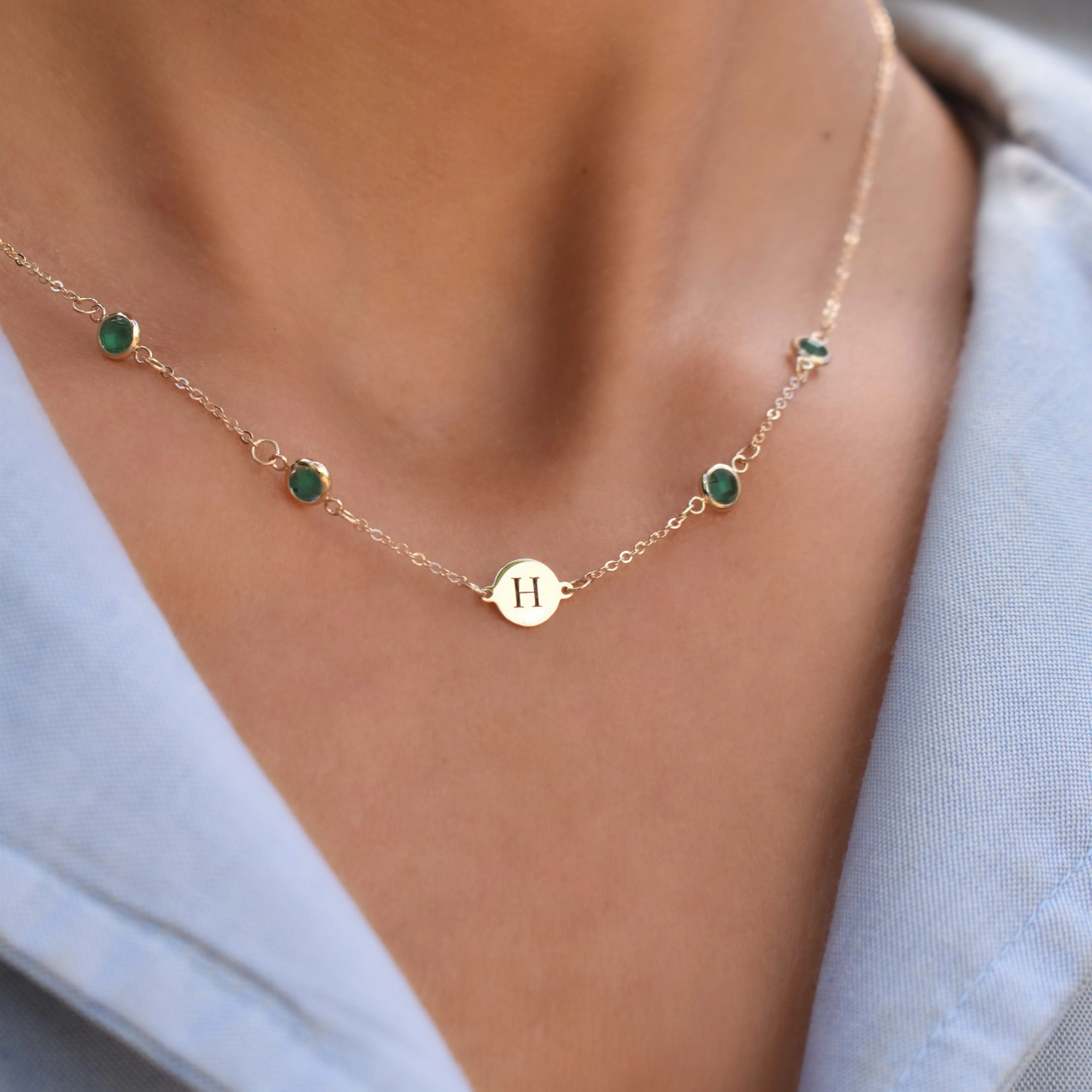 1 Letter & 4 Petite Emerald Necklace in 14k Gold (May) - Image 7