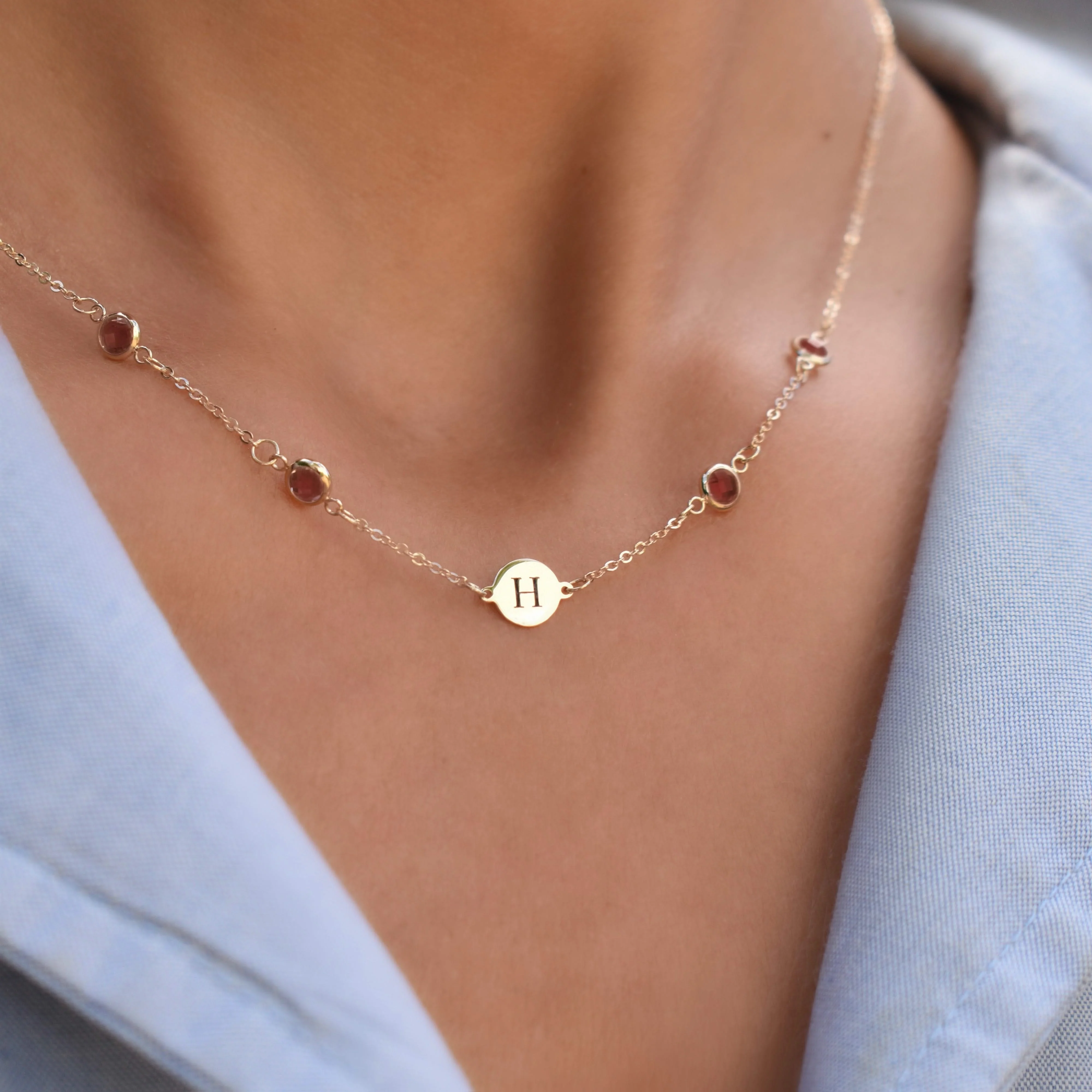 1 Letter & 4 Petite Garnet Necklace in 14k Gold (January) - Image 8
