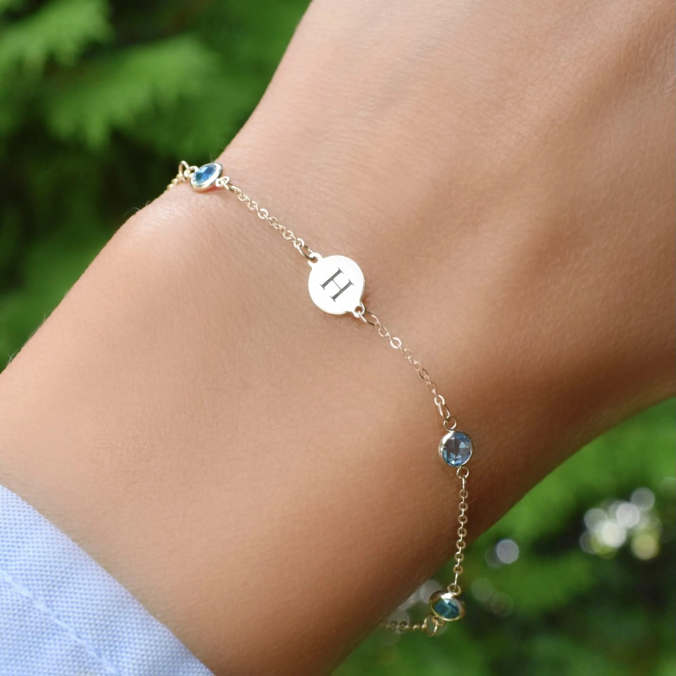 1 Letter & 4 Petite Nantucket Blue Topaz Bracelet in 14k Gold (December) - Image 6