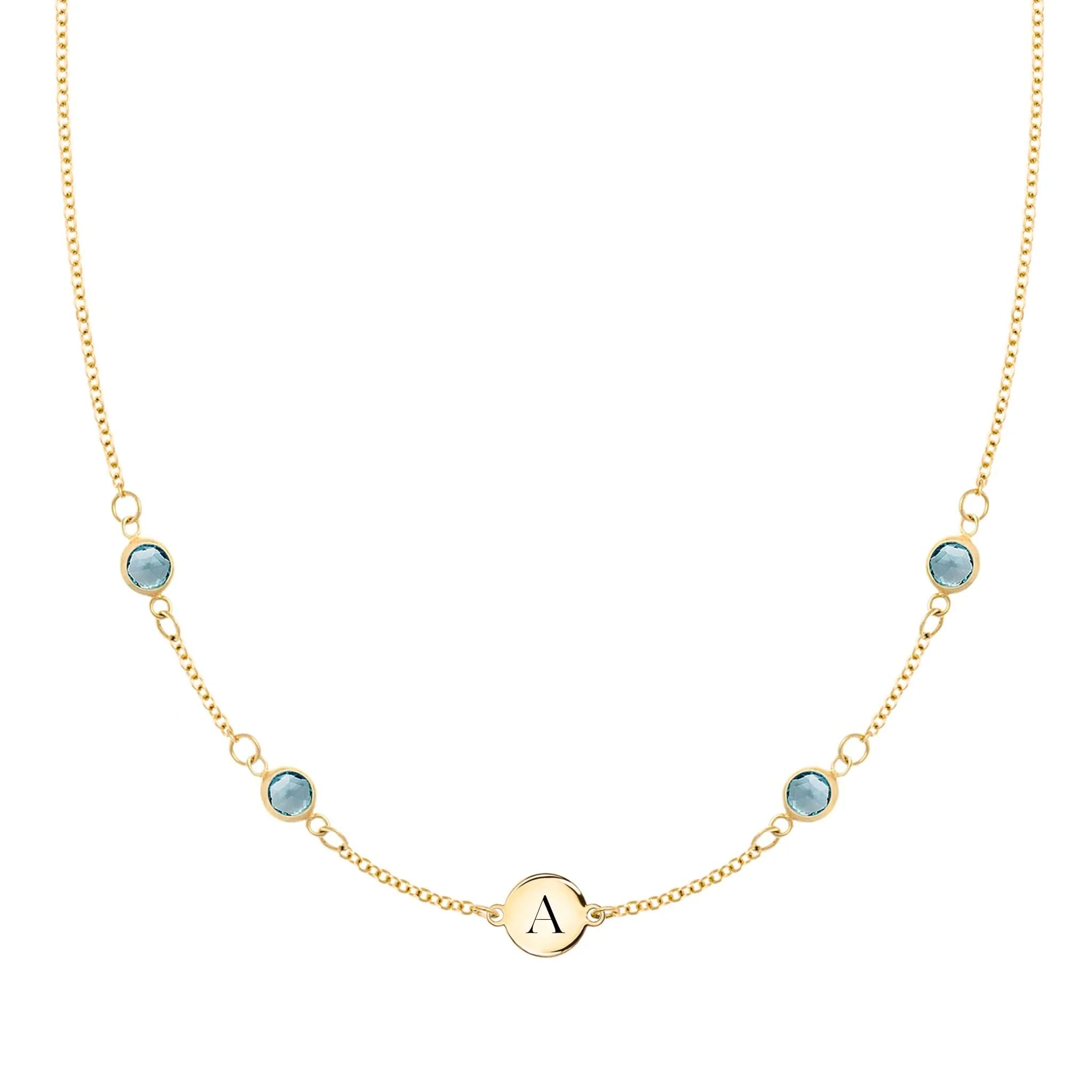 1 Letter & 4 Petite Nantucket Blue Topaz Necklace in 14k Gold (December)