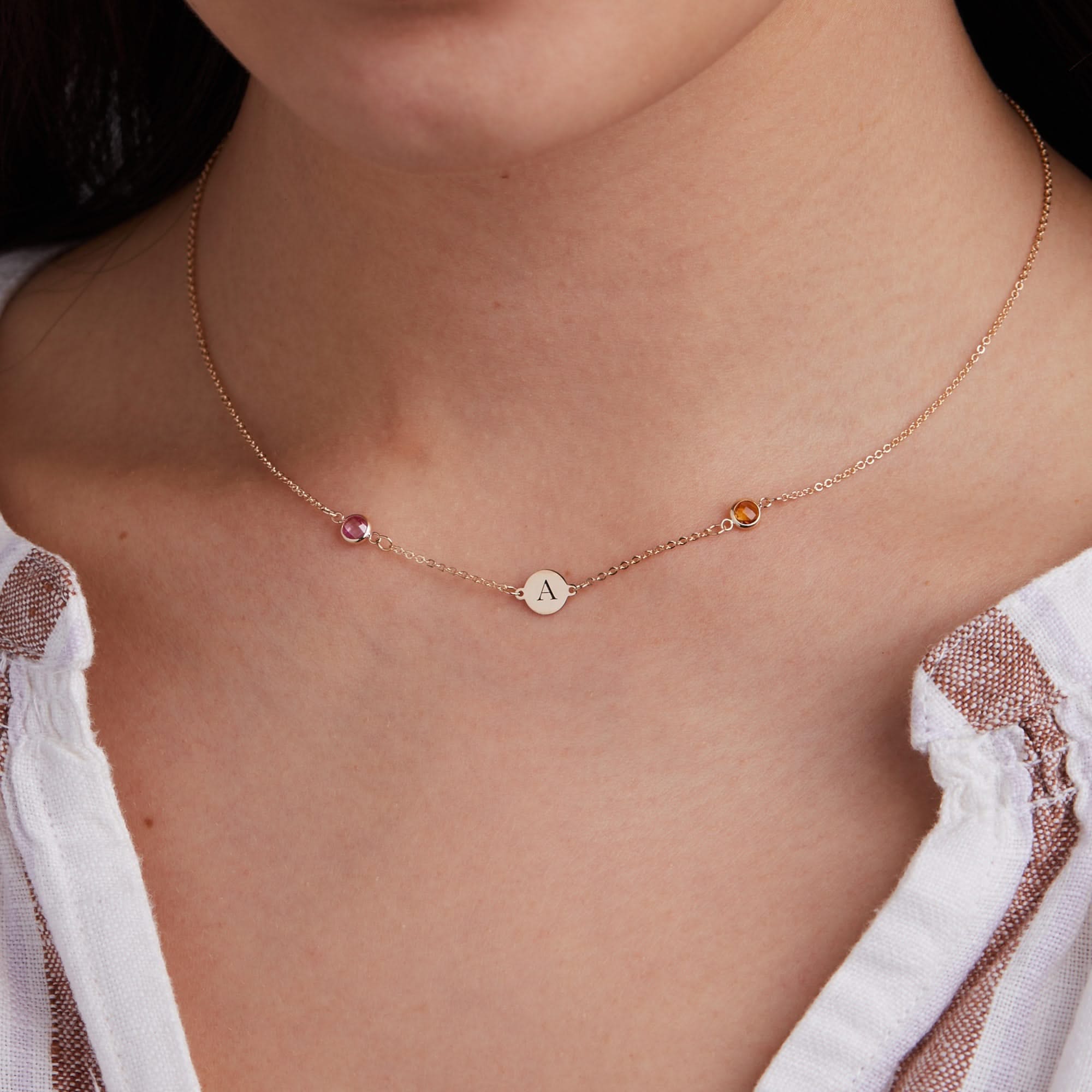 1 Letter & 2 Petite Birthstone Necklace in 14k Gold - Image 3