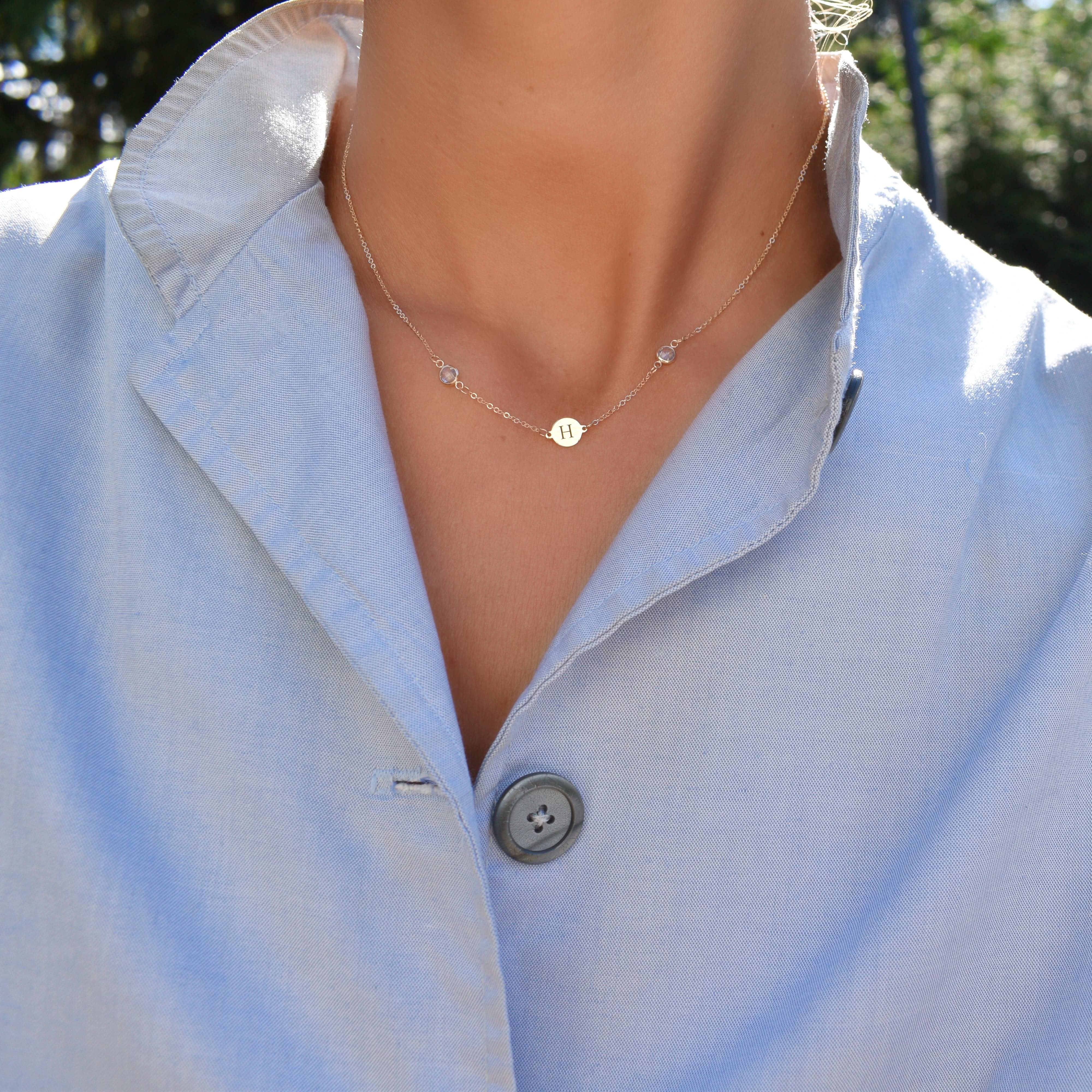 1 Letter & 2 Petite Birthstone Necklace in 14k Gold - Image 6