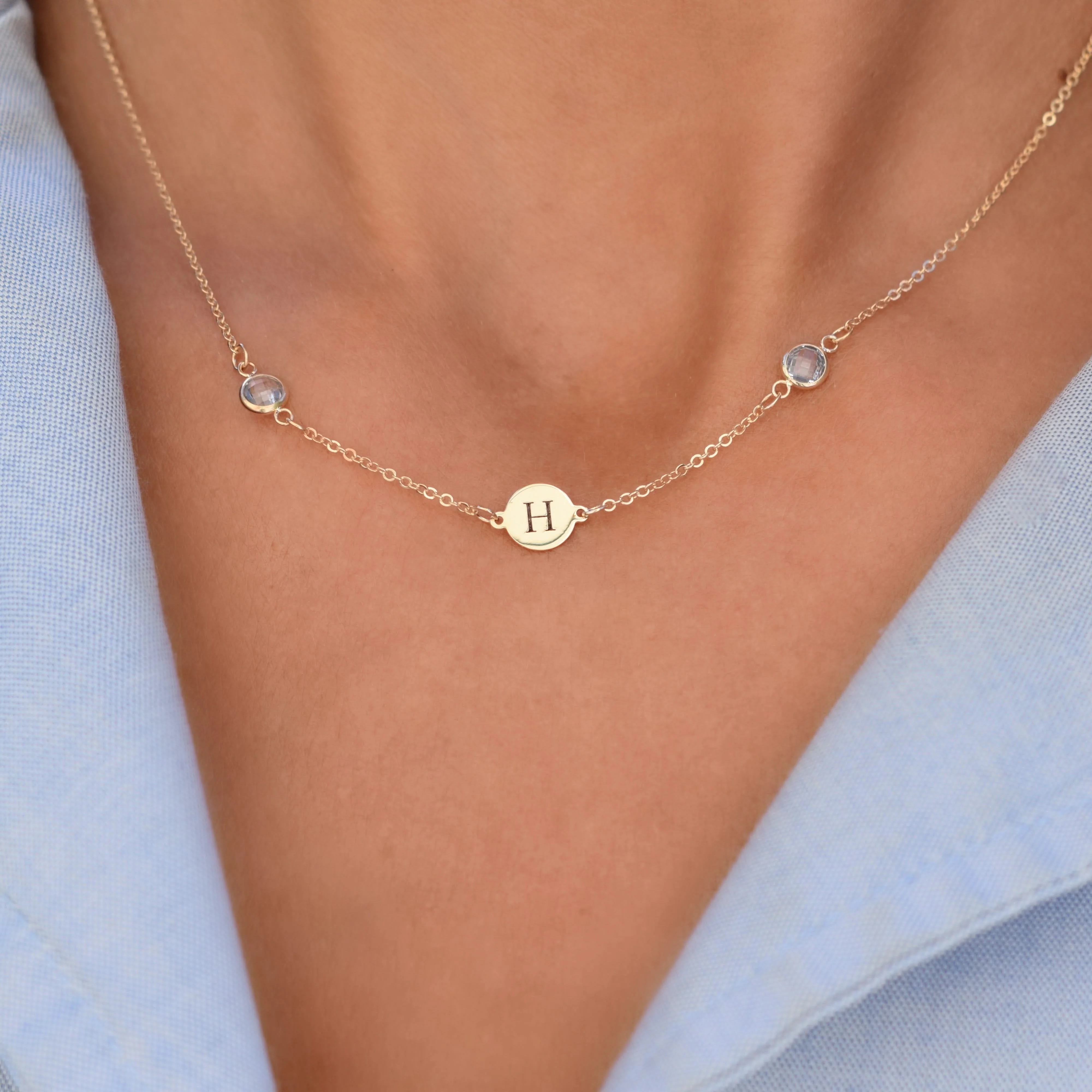 1 Letter & 2 Petite Birthstone Necklace in 14k Gold - Image 8