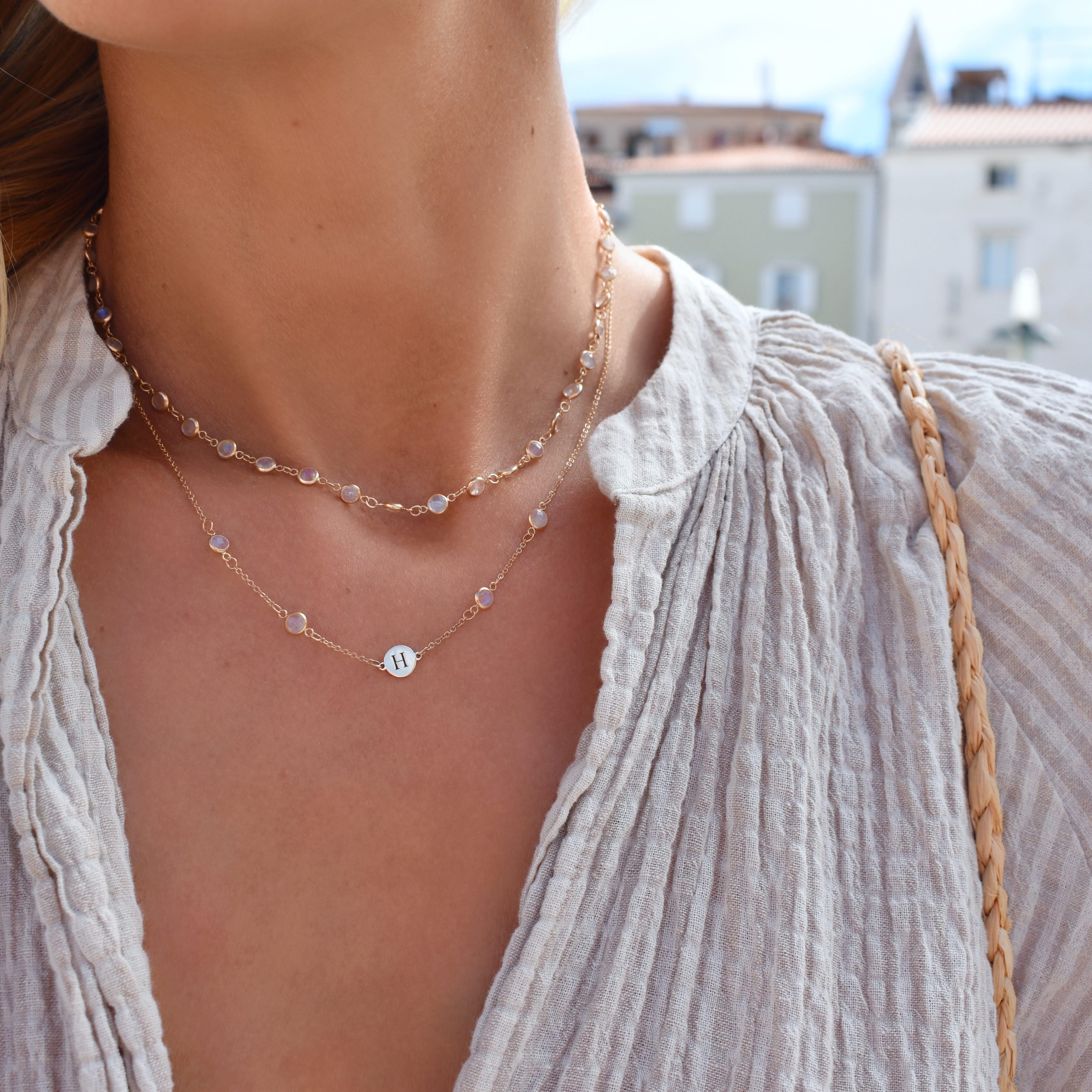 1 Letter & 4 Petite Birthstone Necklace in 14k Gold (Double Spacing) - Image 9